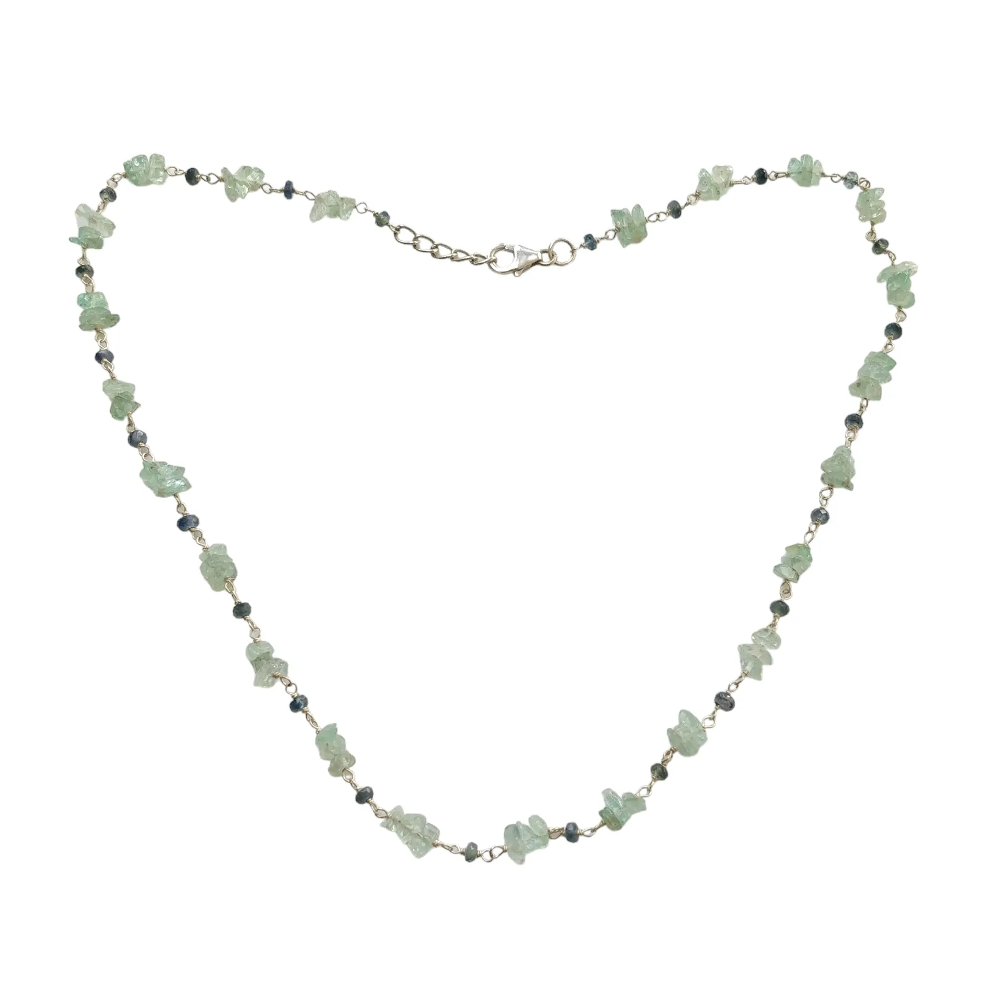 925 Sterling Silver Green Emerald And Blue Sapphire Gemstones Chain NECKLACE 8.00gms Natural Uncut Beads Necklace 17"