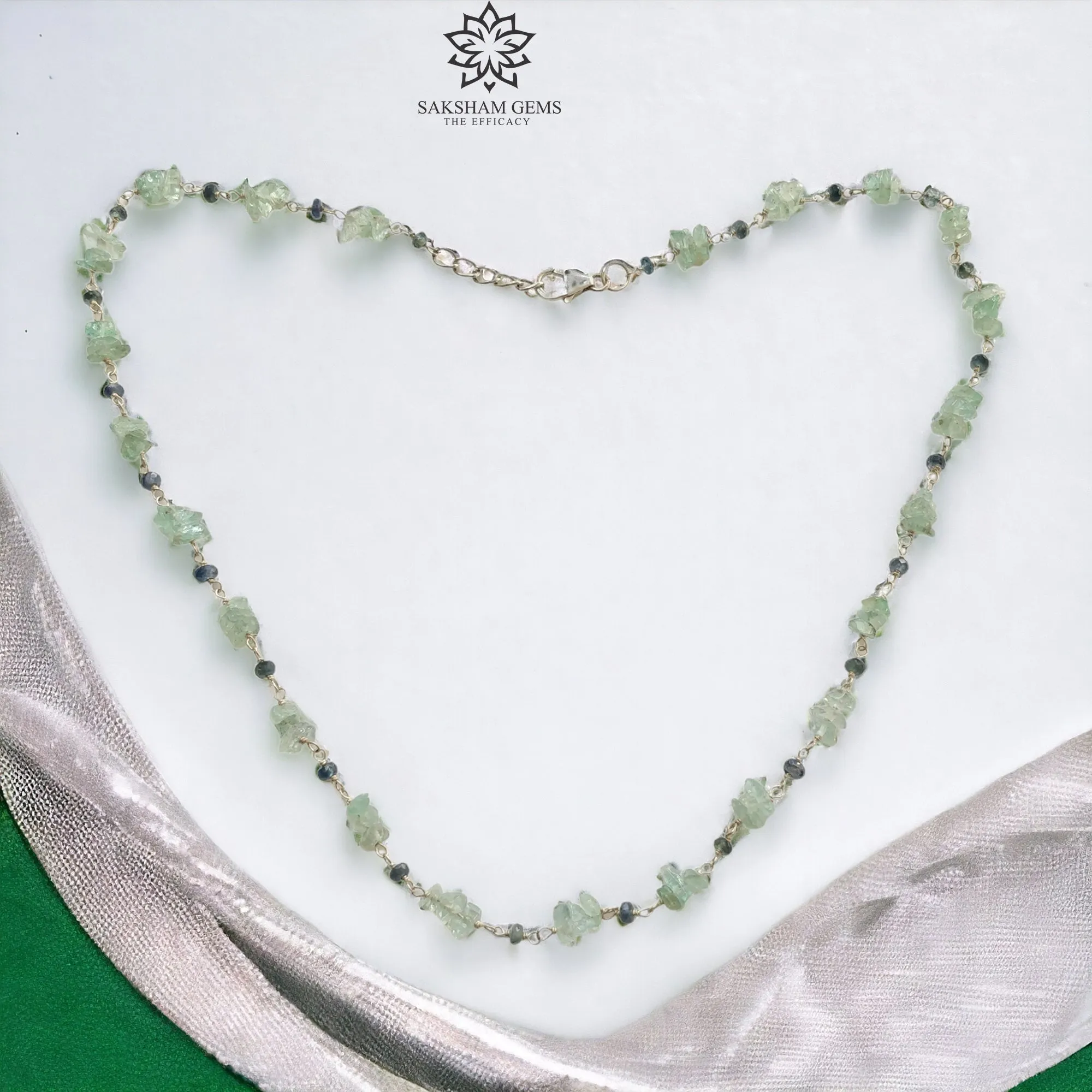 925 Sterling Silver Green Emerald And Blue Sapphire Gemstones Chain NECKLACE 8.00gms Natural Uncut Beads Necklace 17"