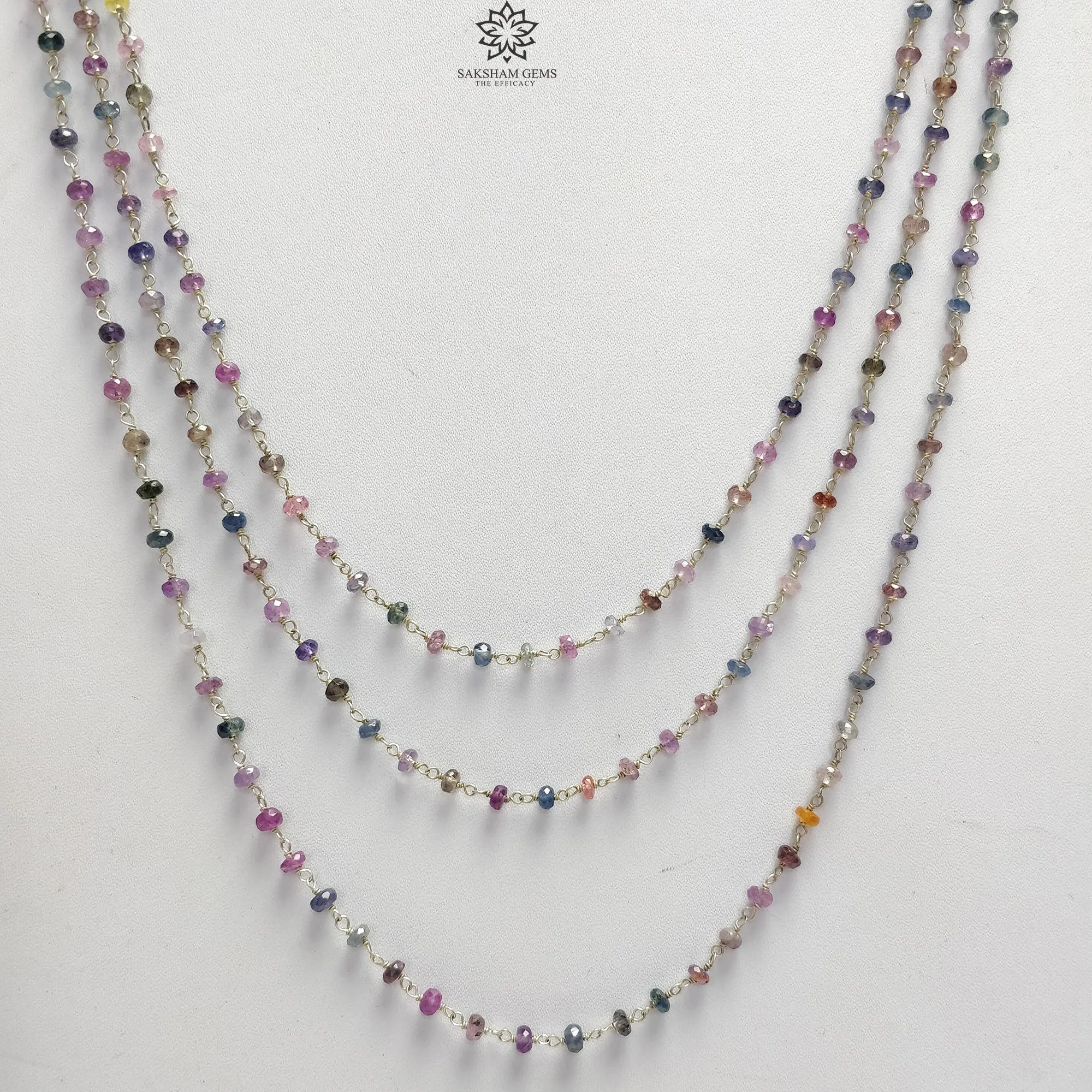 925 Sterling Silver Multi Sapphire Gemstones Beads NECKLACE : 20.04gms Natural Sapphire Faceted Beaded 3 Steps Necklace 20.5"