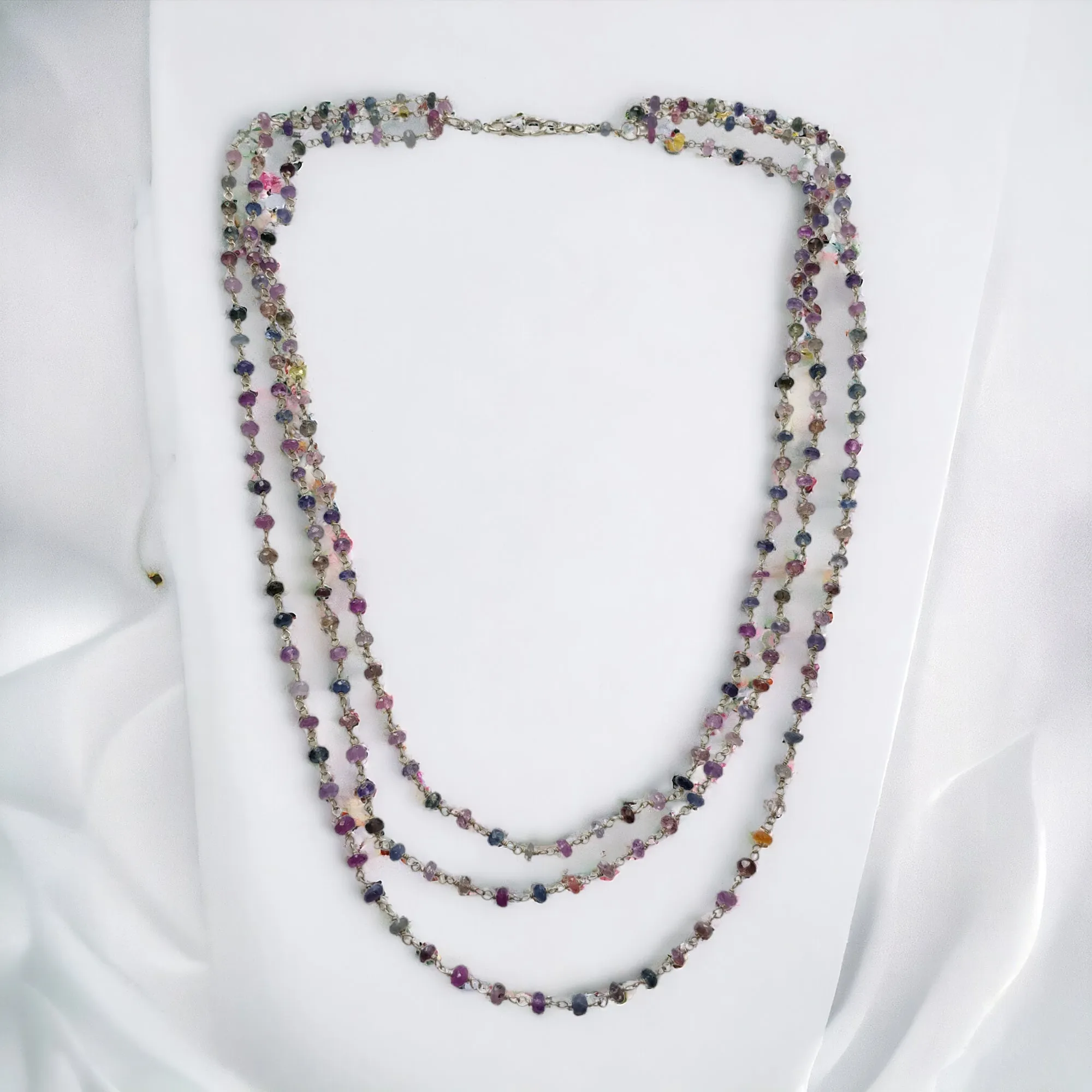 925 Sterling Silver Multi Sapphire Gemstones Beads NECKLACE : 20.04gms Natural Sapphire Faceted Beaded 3 Steps Necklace 20.5"