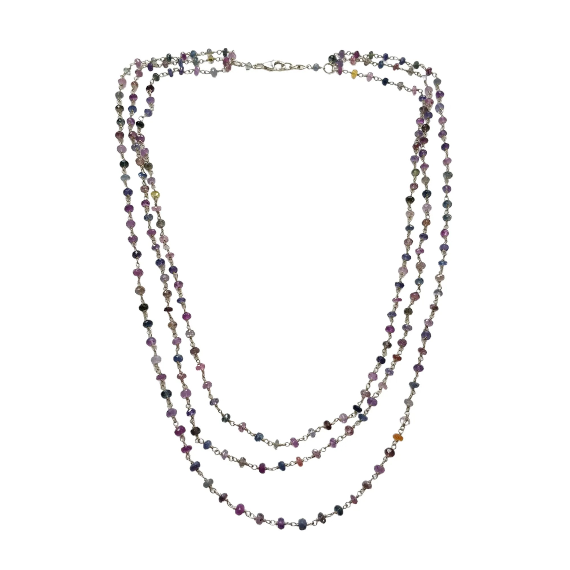 925 Sterling Silver Multi Sapphire Gemstones Beads NECKLACE : 20.04gms Natural Sapphire Faceted Beaded 3 Steps Necklace 20.5"