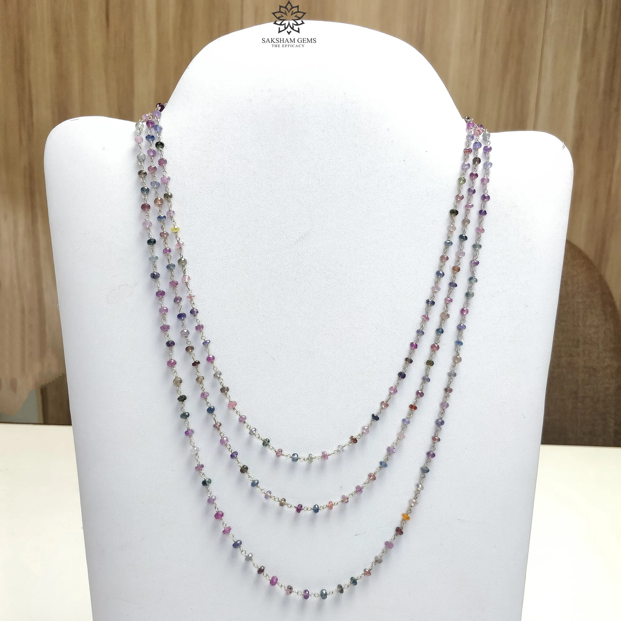 925 Sterling Silver Multi Sapphire Gemstones Beads NECKLACE : 20.04gms Natural Sapphire Faceted Beaded 3 Steps Necklace 20.5"