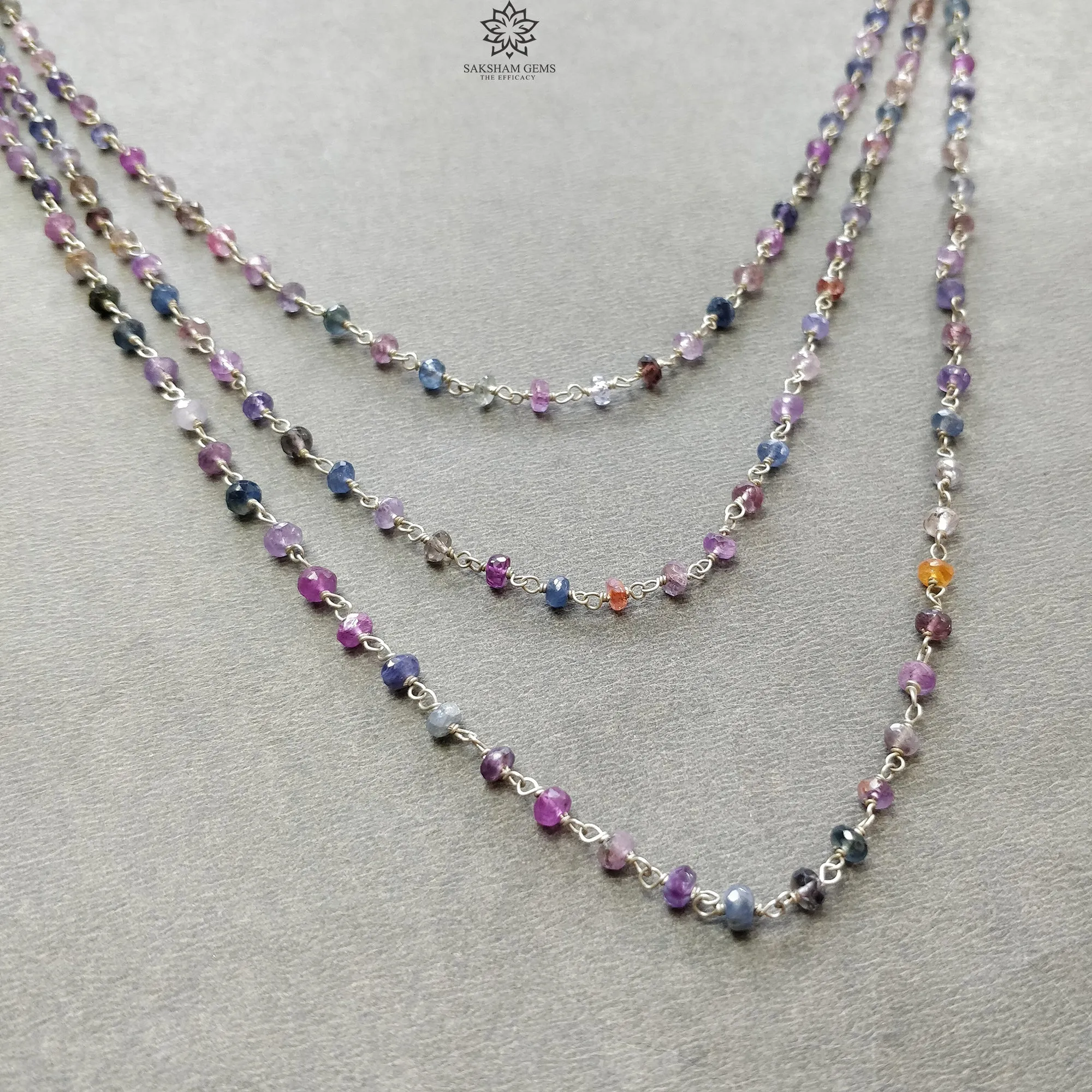 925 Sterling Silver Multi Sapphire Gemstones Beads NECKLACE : 20.04gms Natural Sapphire Faceted Beaded 3 Steps Necklace 20.5"