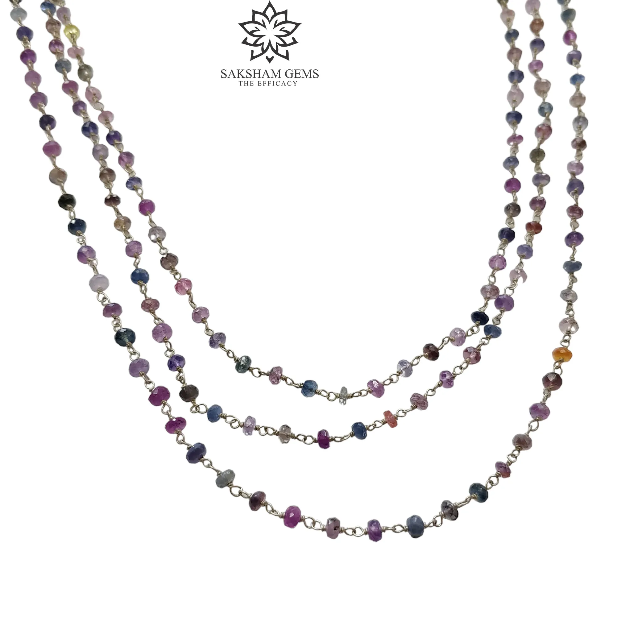 925 Sterling Silver Multi Sapphire Gemstones Beads NECKLACE : 20.04gms Natural Sapphire Faceted Beaded 3 Steps Necklace 20.5"