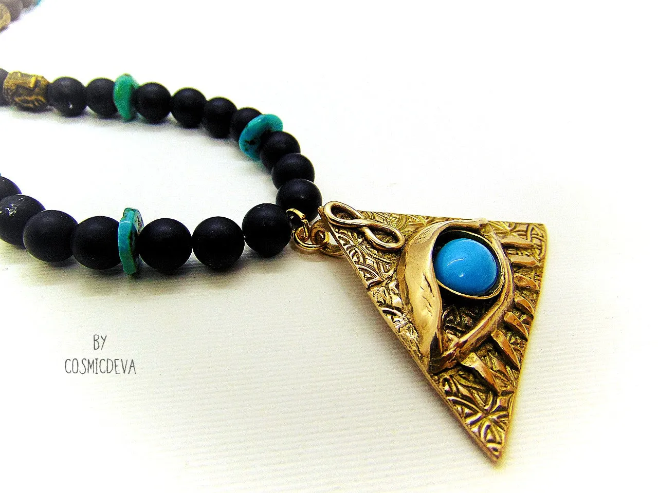 All Seeing Eye With Turquoise  Bronze Necklace