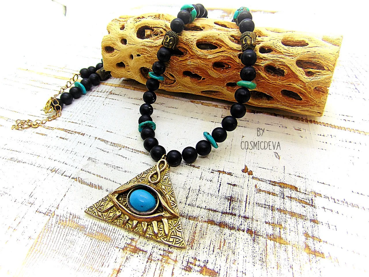 All Seeing Eye With Turquoise  Bronze Necklace