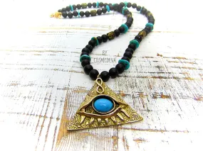 All Seeing Eye With Turquoise  Bronze Necklace