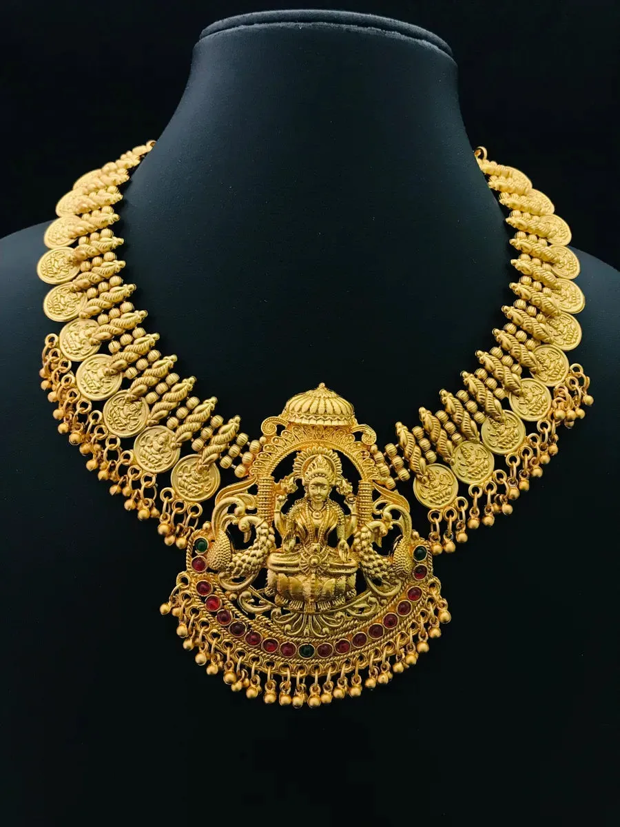 Antique Gold Matte Finished Traditional Kasu Mala Haram With Heavy Lakshmi Pendant Bridal Set