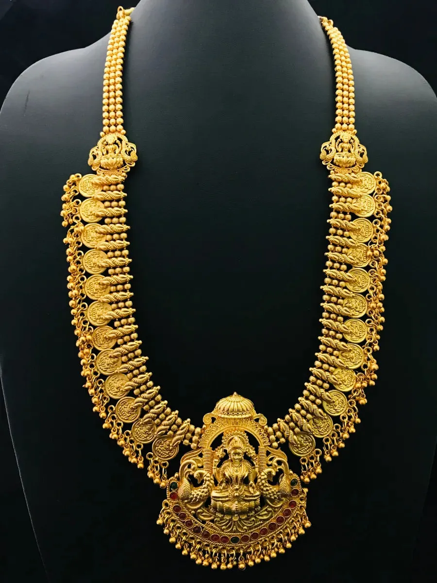 Antique Gold Matte Finished Traditional Kasu Mala Haram With Heavy Lakshmi Pendant Bridal Set