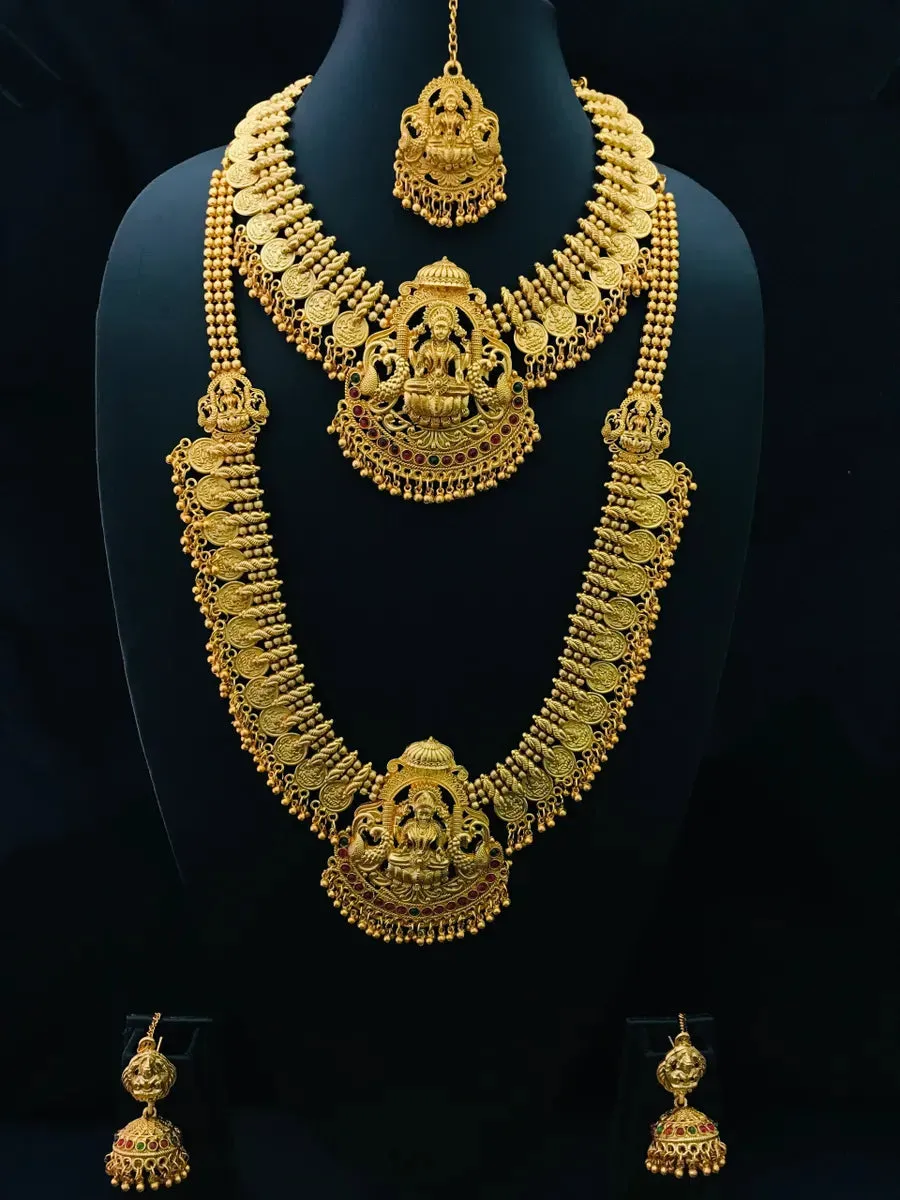 Antique Gold Matte Finished Traditional Kasu Mala Haram With Heavy Lakshmi Pendant Bridal Set