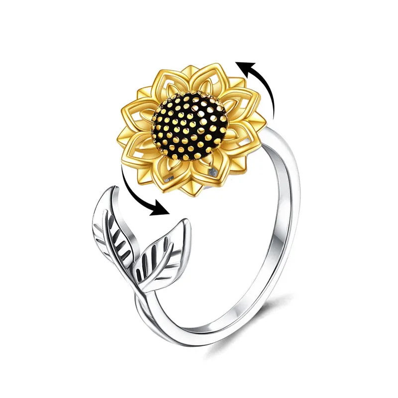 Anxiety Spinner Rings Sunflower Fidget Ring Rose Flower Ring Sterling Silver ADHD Stress Relieving Ring