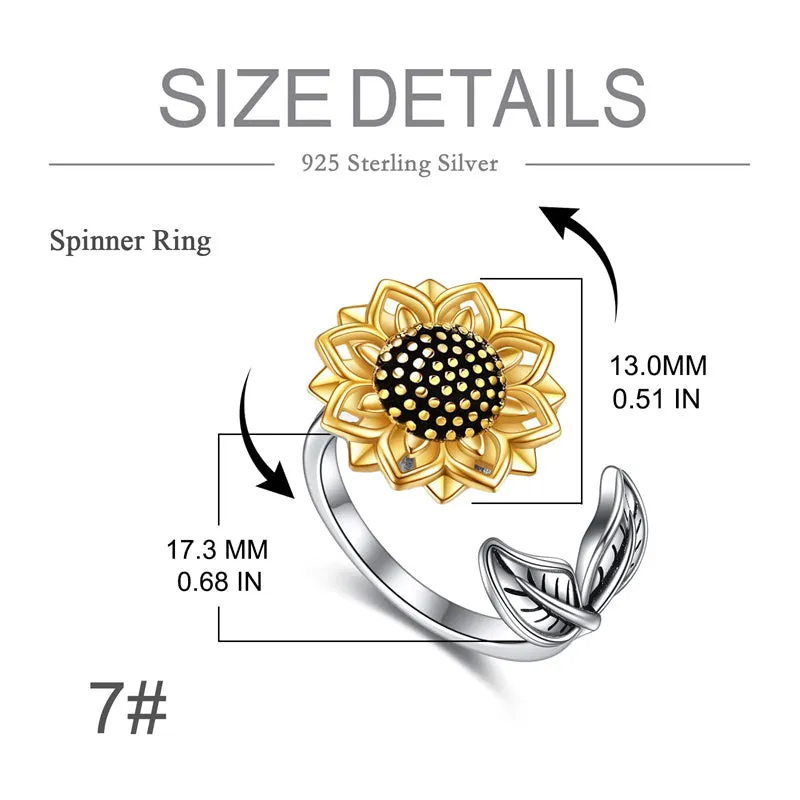 Anxiety Spinner Rings Sunflower Fidget Ring Rose Flower Ring Sterling Silver ADHD Stress Relieving Ring