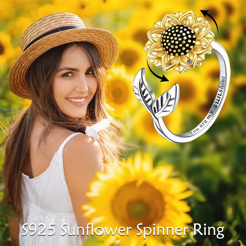 Anxiety Spinner Rings Sunflower Fidget Ring Rose Flower Ring Sterling Silver ADHD Stress Relieving Ring