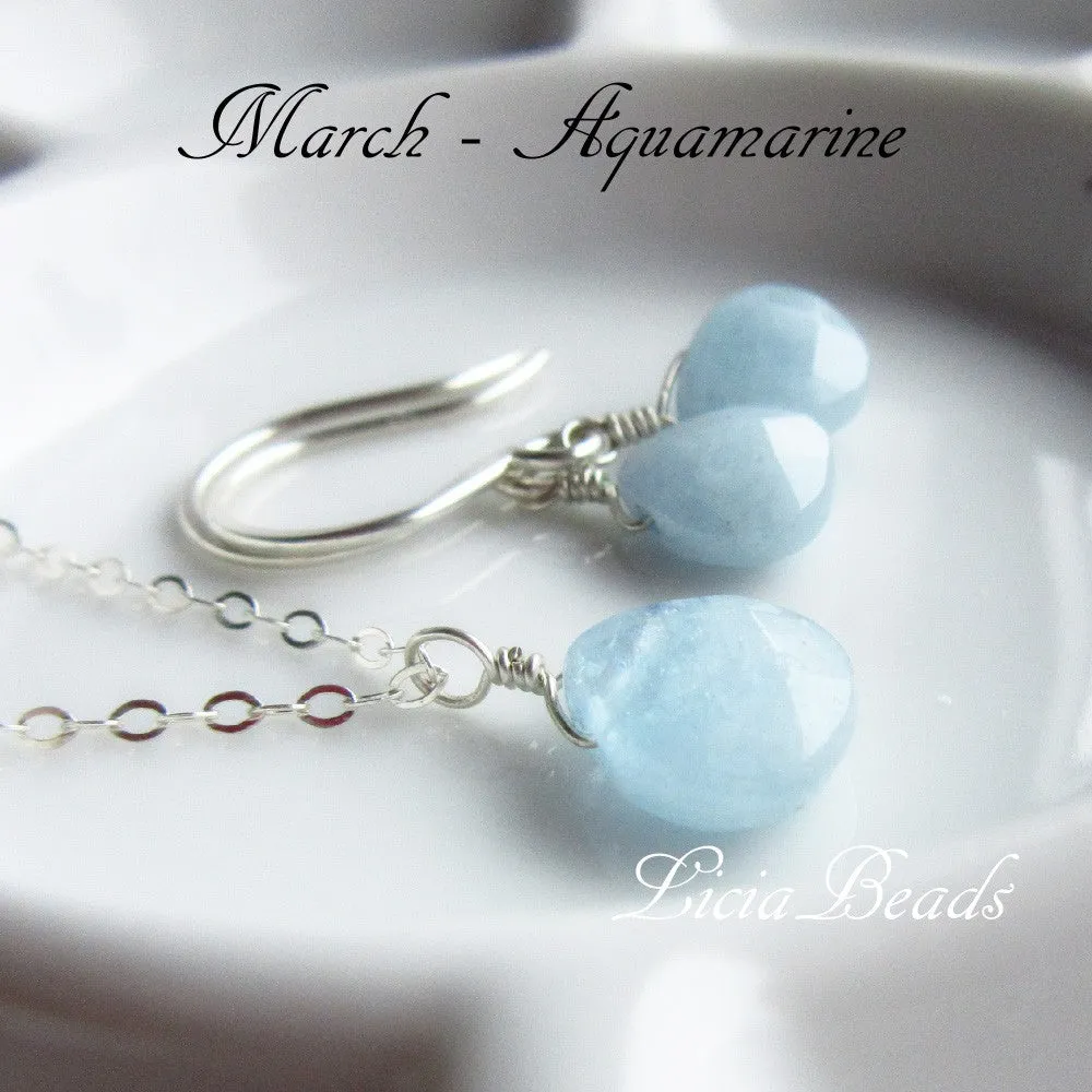 Aquamarine - March birthstone earring and necklace set on sterling silver, limited supply