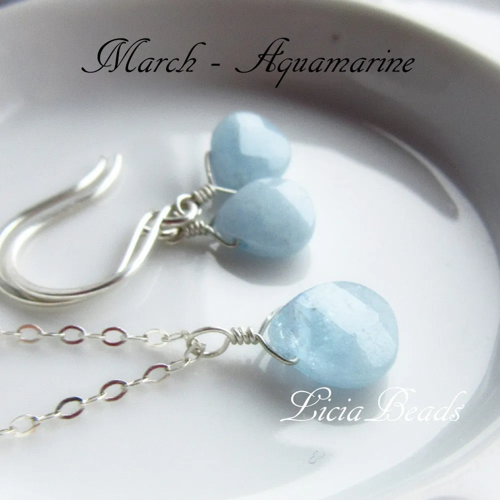 Aquamarine - March birthstone earring and necklace set on sterling silver, limited supply