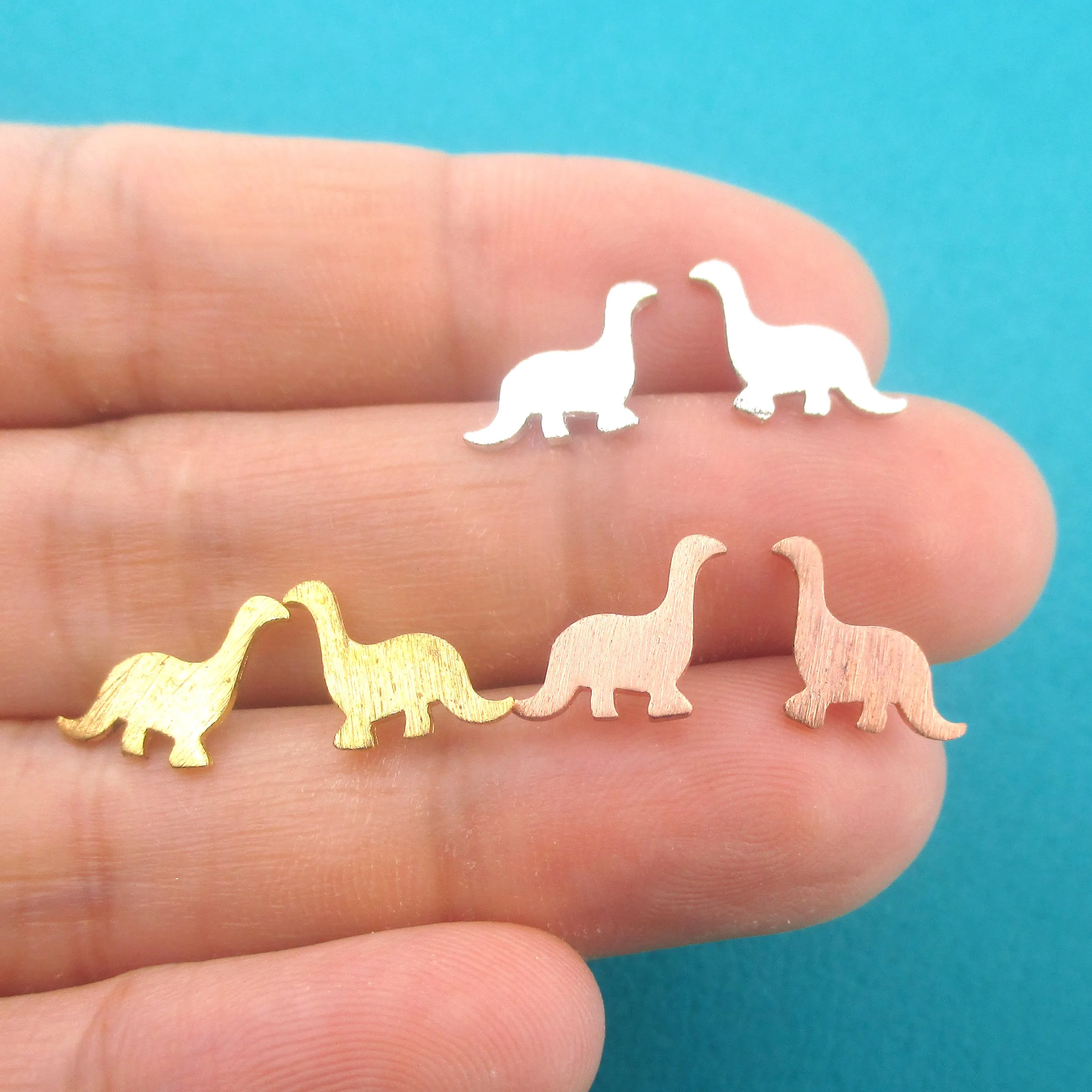 Baby Apatosaurus Shaped Prehistoric Stud Earrings in Gold Silver or Rose Gold