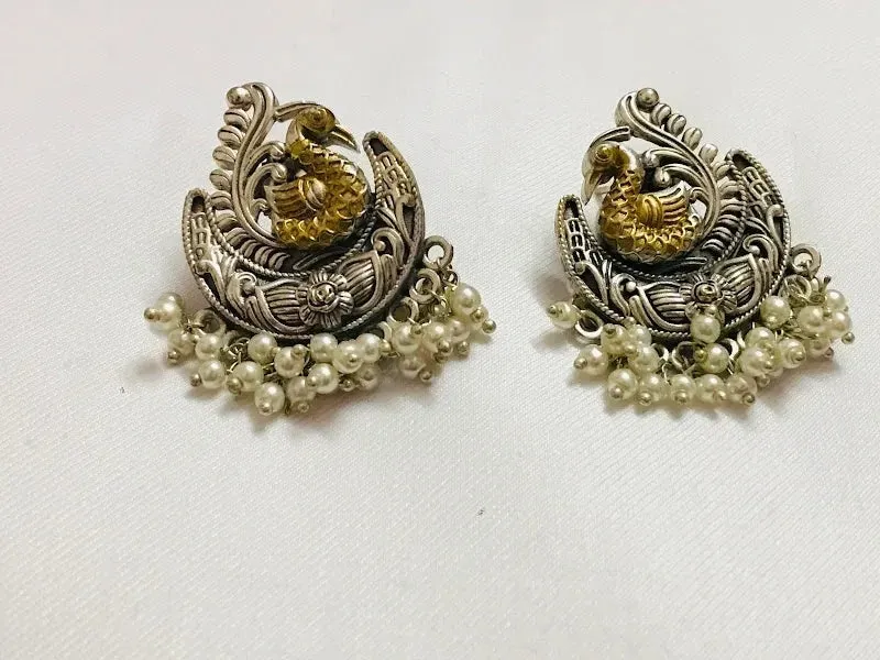 Beautiful Oxidized Peacock Pearl Beaded Earrings Made With Brass And Copper