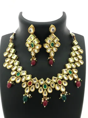 Beautiful Red And Emerald Gold Tone Matte Finished Antique Gold Necklace Set