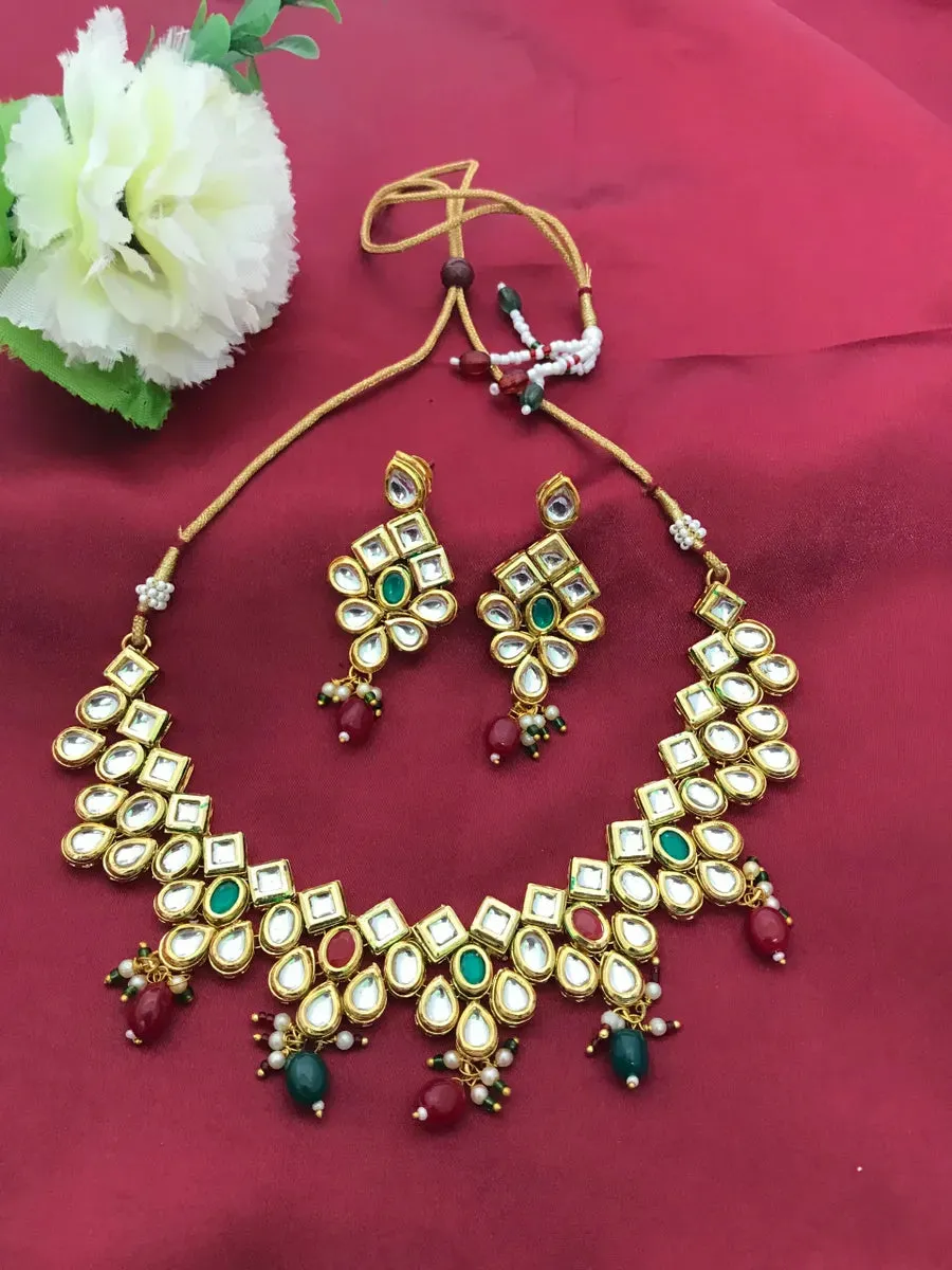 Beautiful Red And Emerald Gold Tone Matte Finished Antique Gold Necklace Set