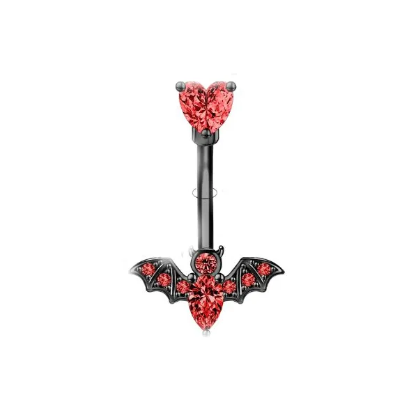 Belly Ring - Black & Red -Heart & Bat