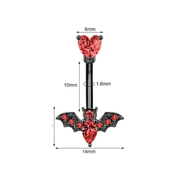 Belly Ring - Black & Red -Heart & Bat