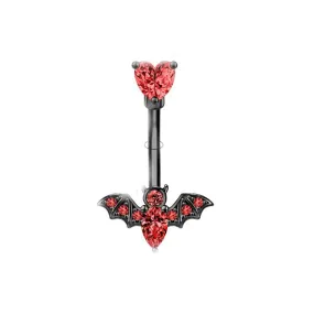 Belly Ring - Black & Red -Heart & Bat