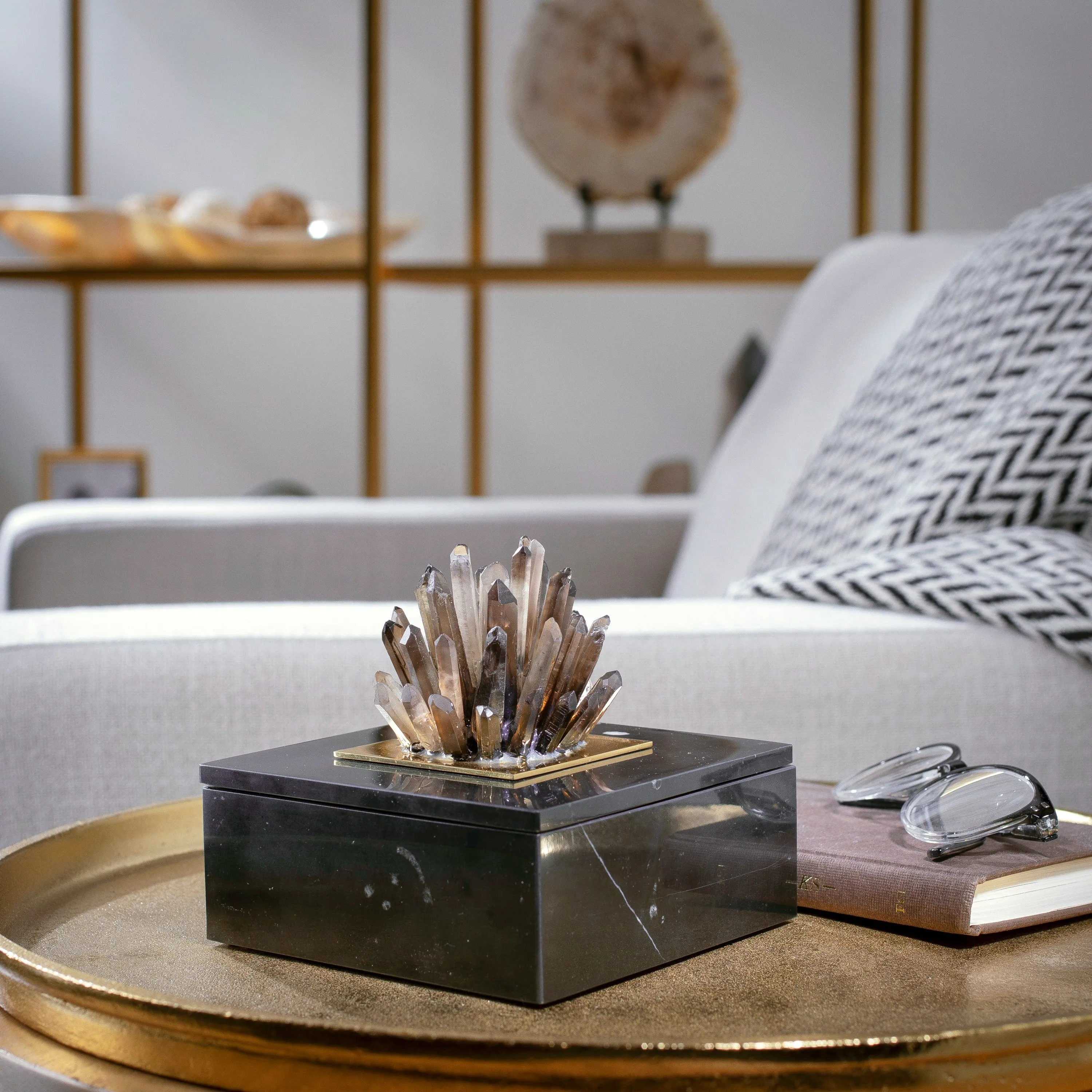 Black Marble Jewelry Box with Smoky Quartz Cluster