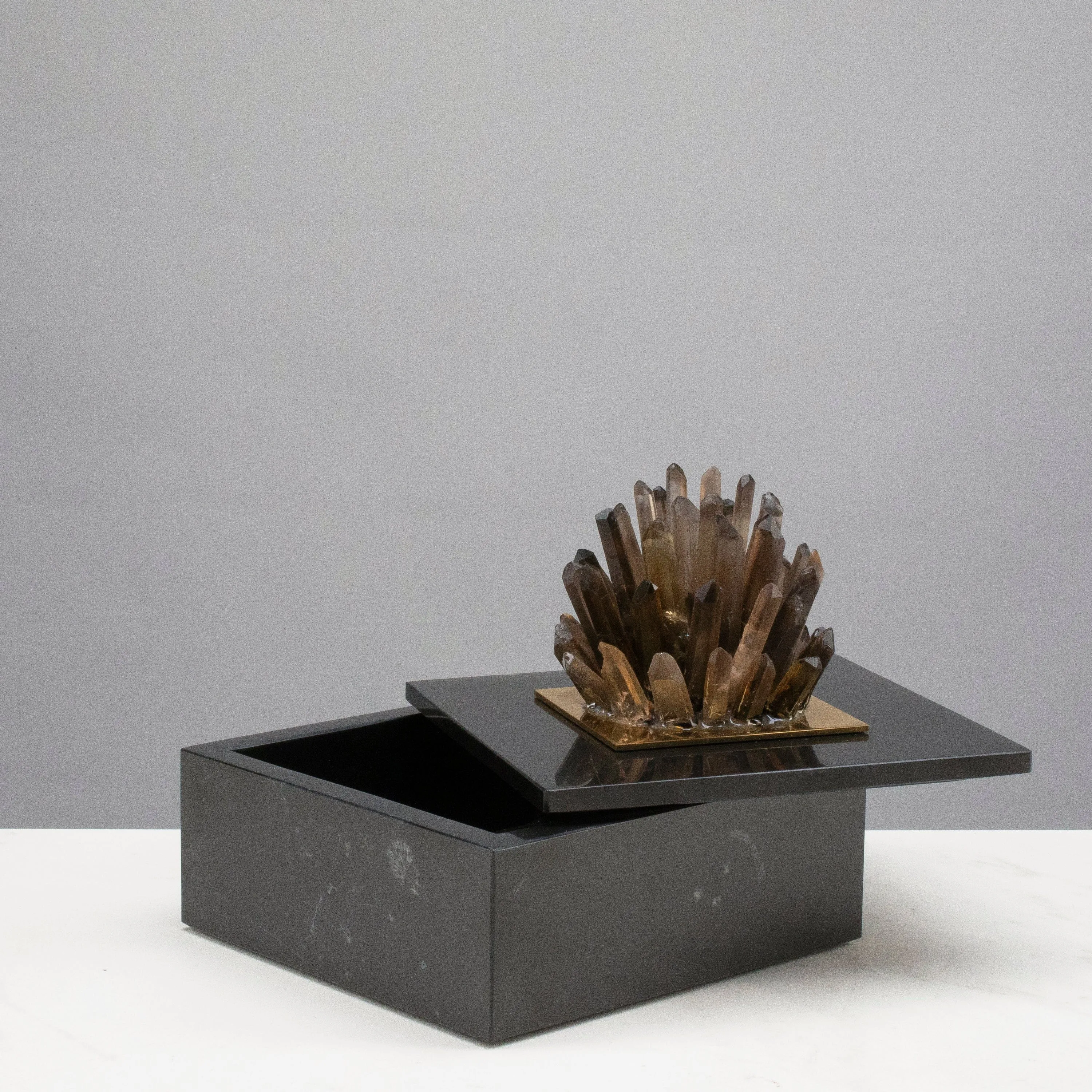 Black Marble Jewelry Box with Smoky Quartz Cluster