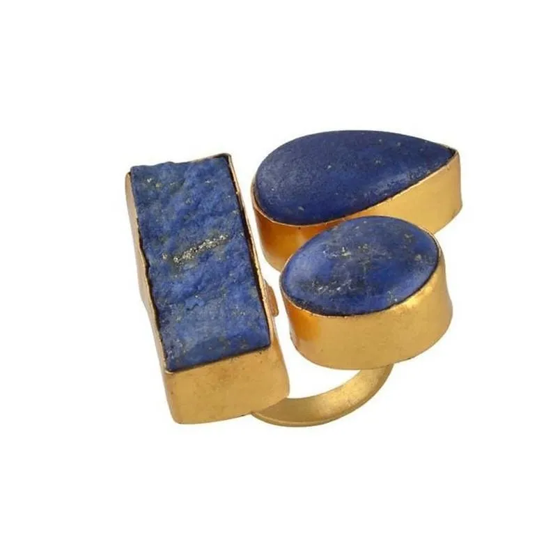 Blue Lapis Lazuli Gemstone Adjustable Ring, 18K Gold Plated