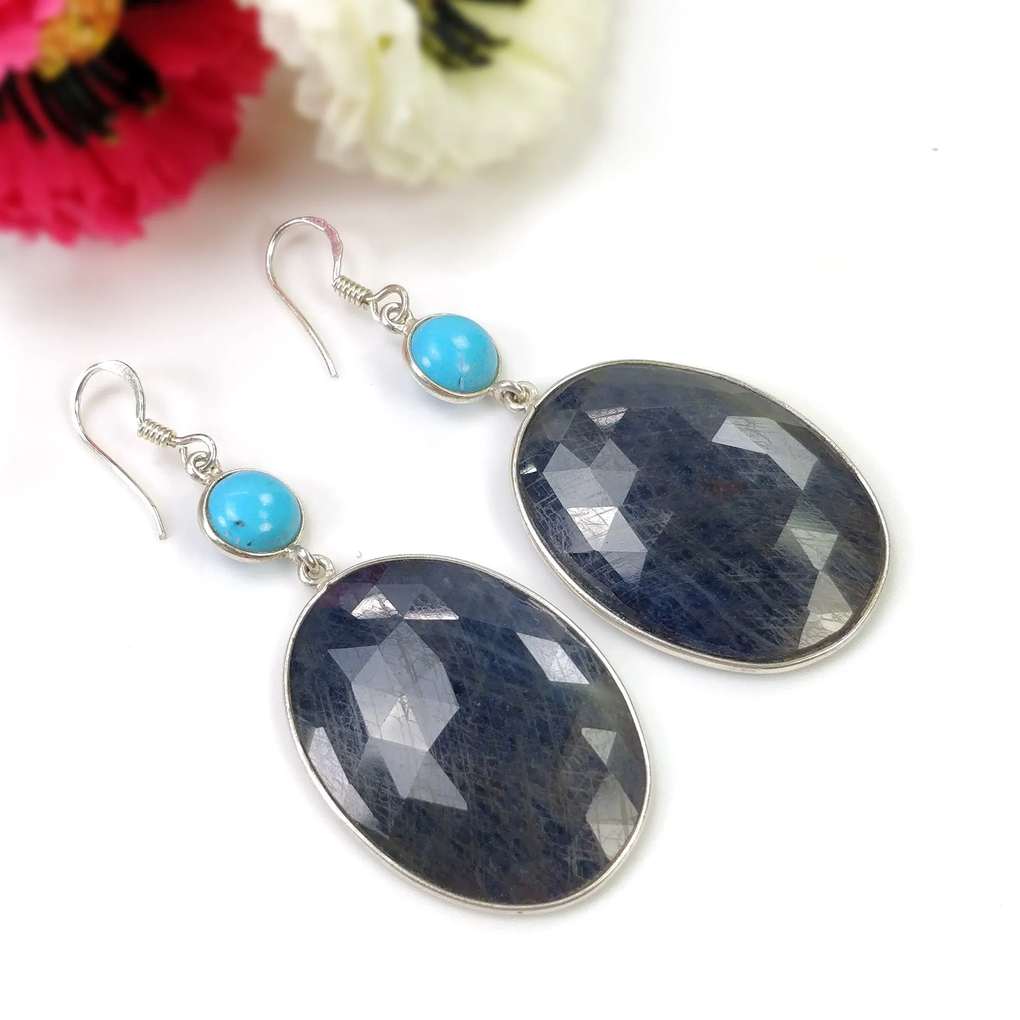 BLUE SAPPHIRE & TURQUOISE Gemstone Earrings: 16.11gms Natural 925 Sterling Silver Bezel Set Drop Dangle Hook Earring 2.65"