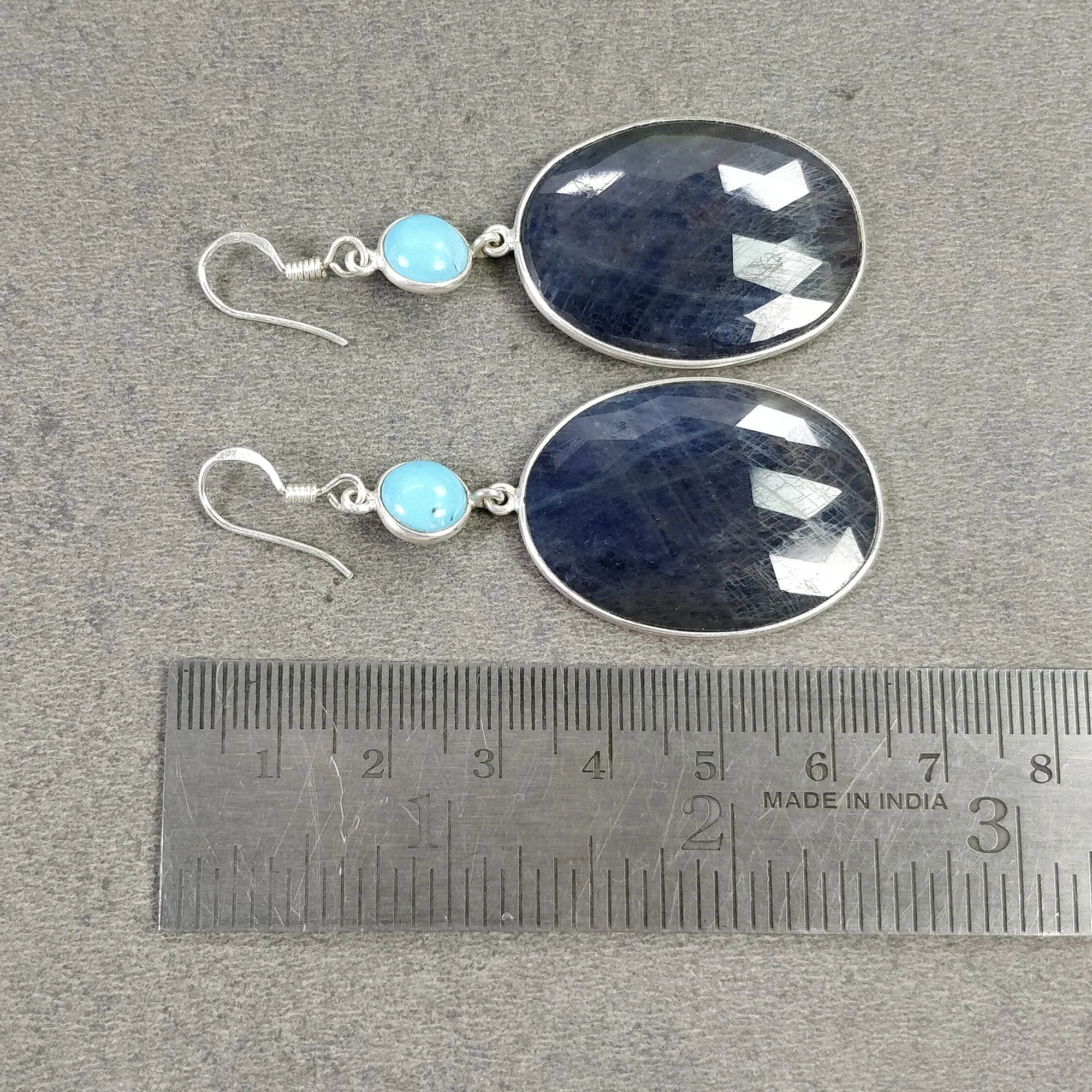 BLUE SAPPHIRE & TURQUOISE Gemstone Earrings: 16.11gms Natural 925 Sterling Silver Bezel Set Drop Dangle Hook Earring 2.65"