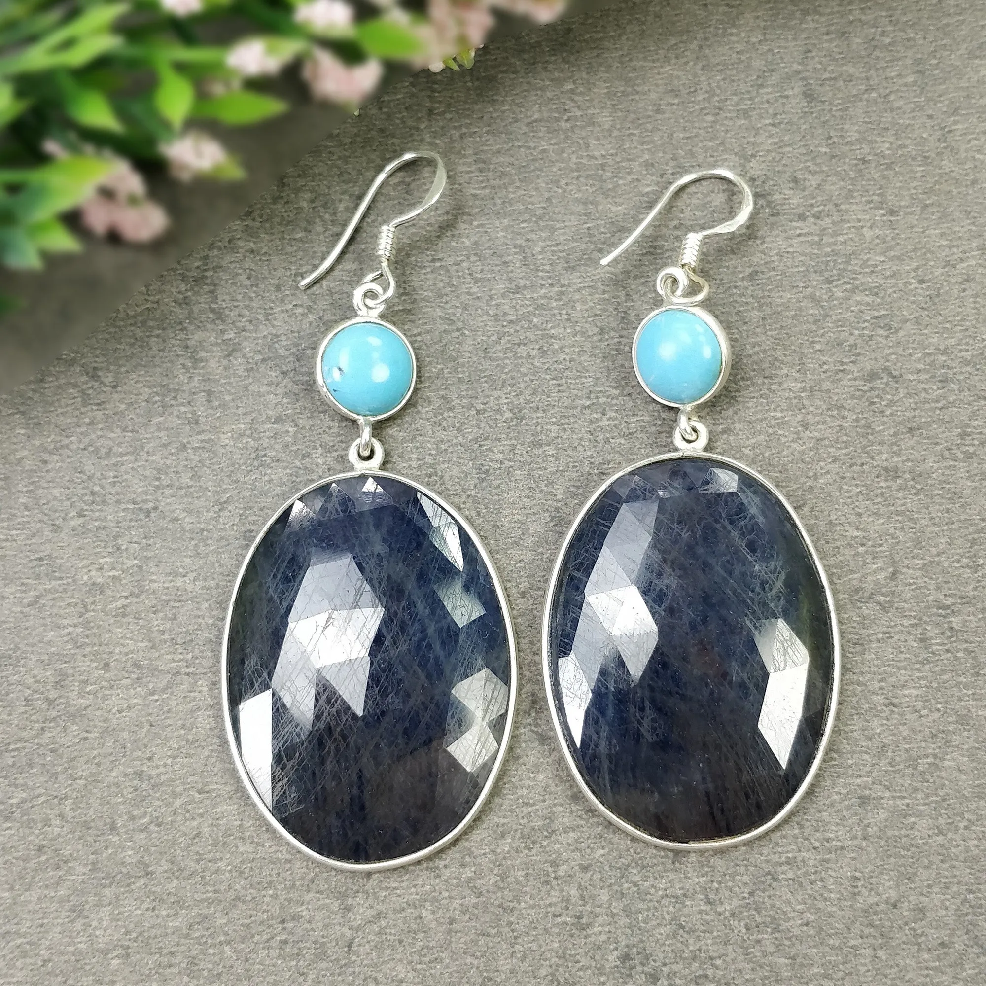 BLUE SAPPHIRE & TURQUOISE Gemstone Earrings: 16.11gms Natural 925 Sterling Silver Bezel Set Drop Dangle Hook Earring 2.65"