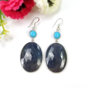 BLUE SAPPHIRE & TURQUOISE Gemstone Earrings: 16.11gms Natural 925 Sterling Silver Bezel Set Drop Dangle Hook Earring 2.65"