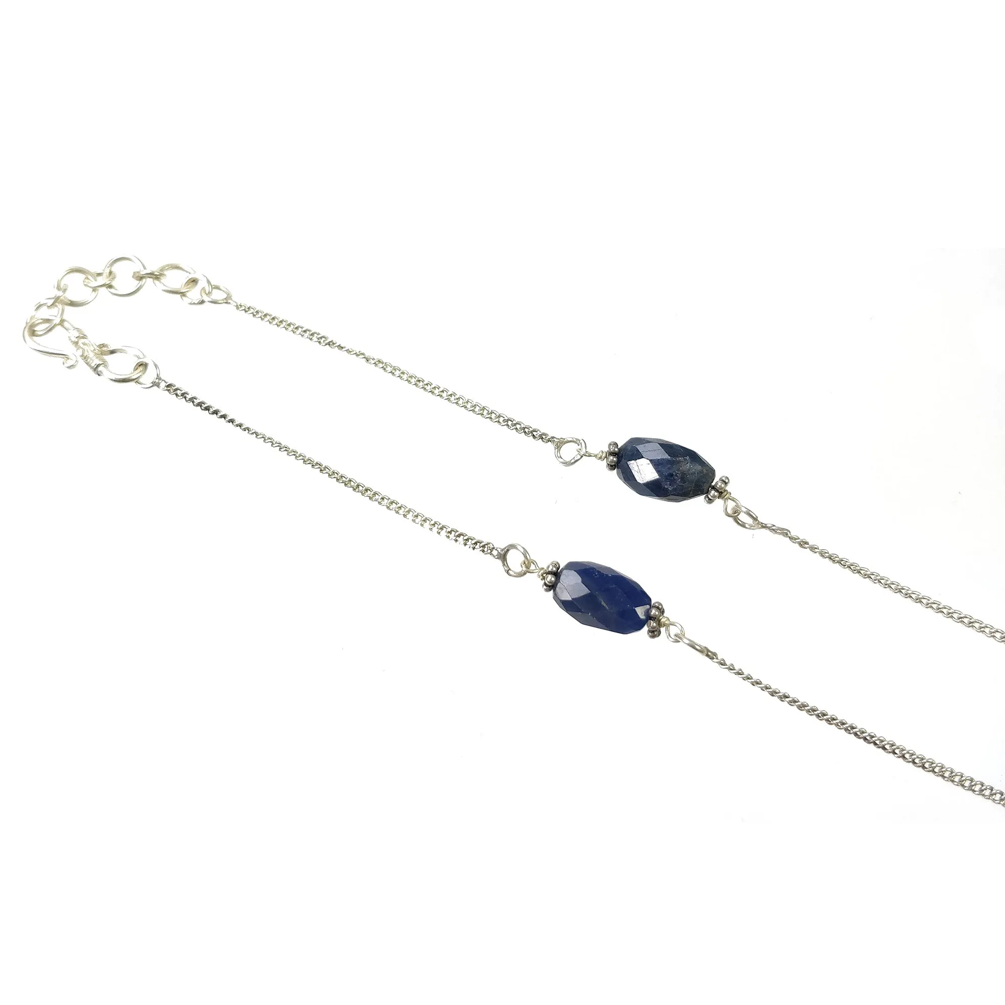 BLUE SAPPHIRE Gemstone Beads Chain Necklace : 925 Sterling Silver Natural Blue Sapphire Hand Carved Pendant 18" Necklace