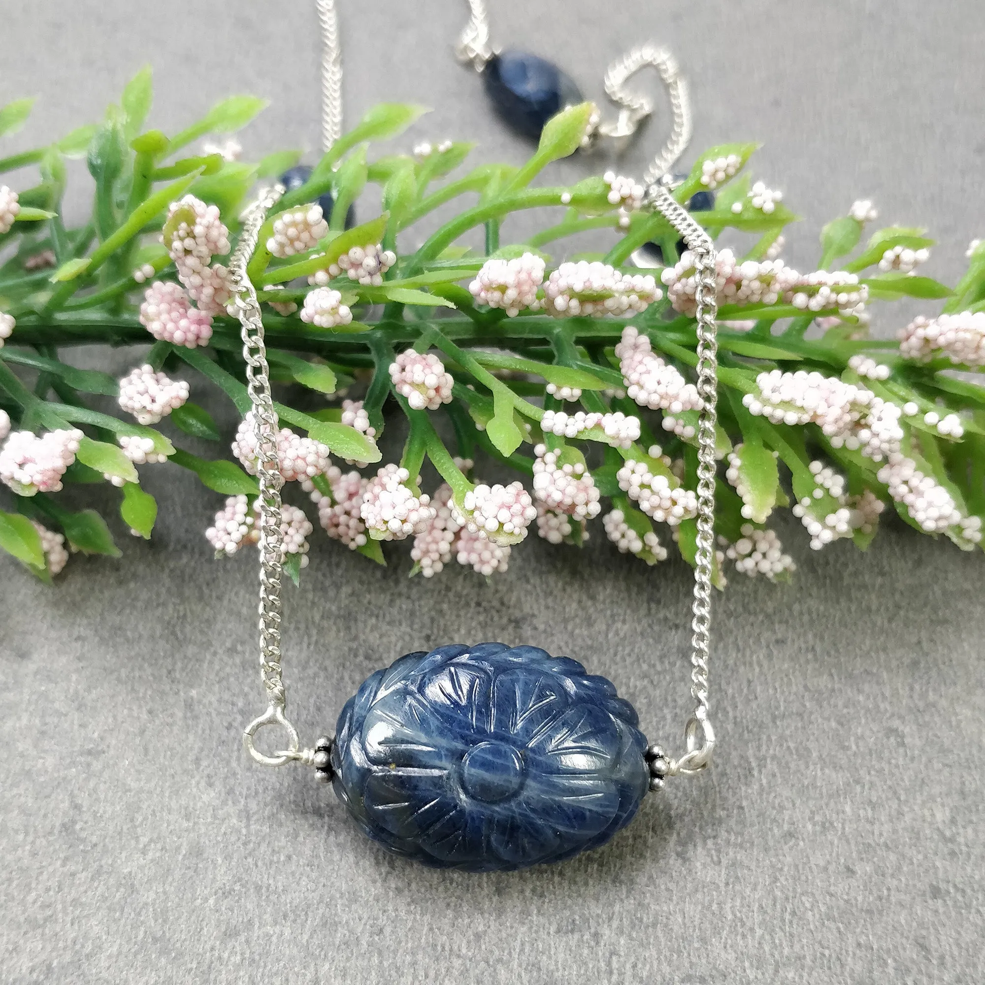 BLUE SAPPHIRE Gemstone Beads Chain Necklace : 925 Sterling Silver Natural Blue Sapphire Hand Carved Pendant 18" Necklace