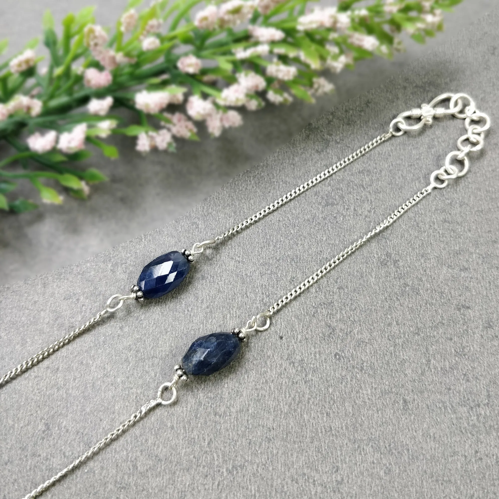 BLUE SAPPHIRE Gemstone Beads Chain Necklace : 925 Sterling Silver Natural Blue Sapphire Hand Carved Pendant 18" Necklace