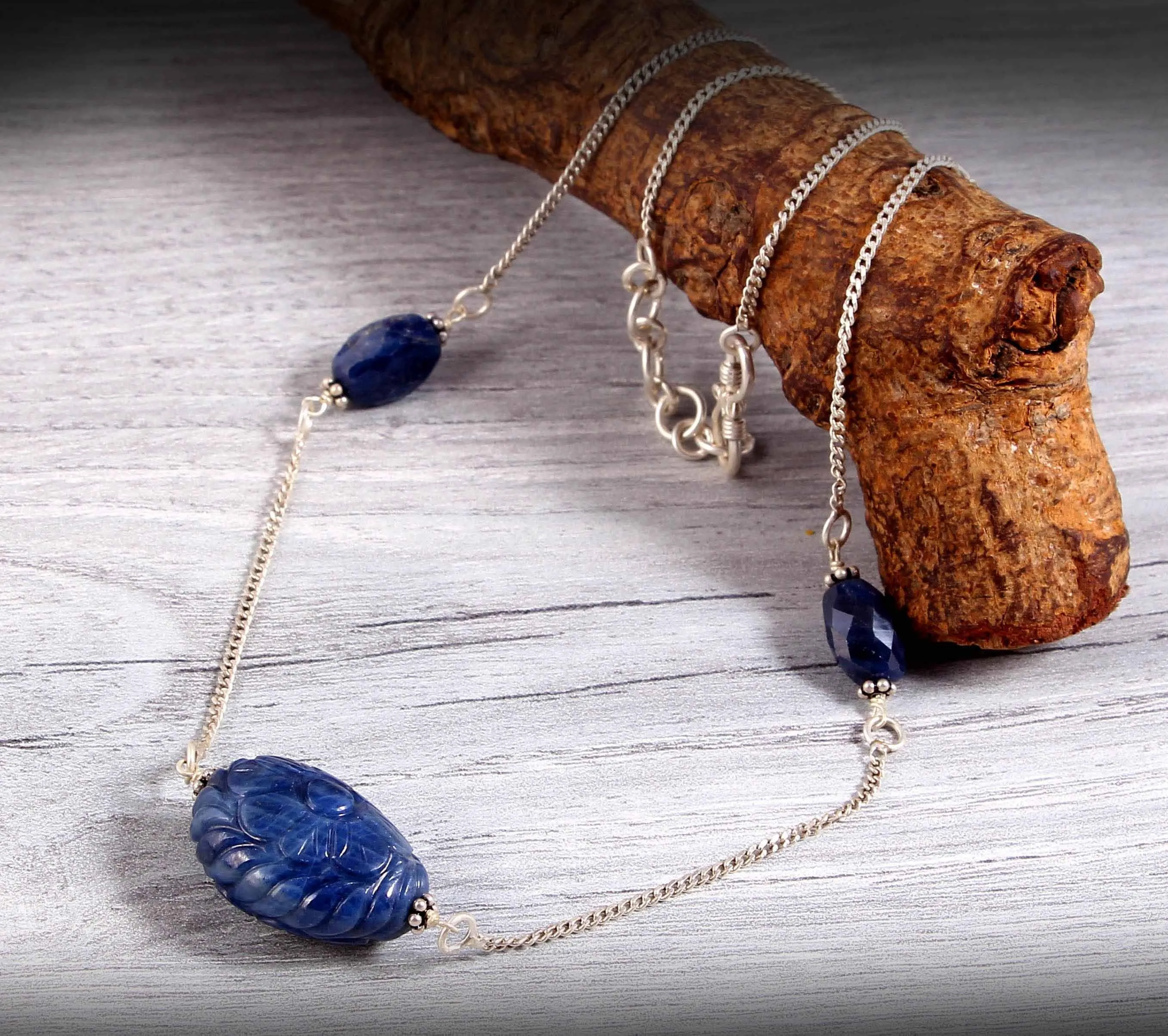 BLUE SAPPHIRE Gemstone Beads Chain Necklace : 925 Sterling Silver Natural Blue Sapphire Hand Carved Pendant 18" Necklace