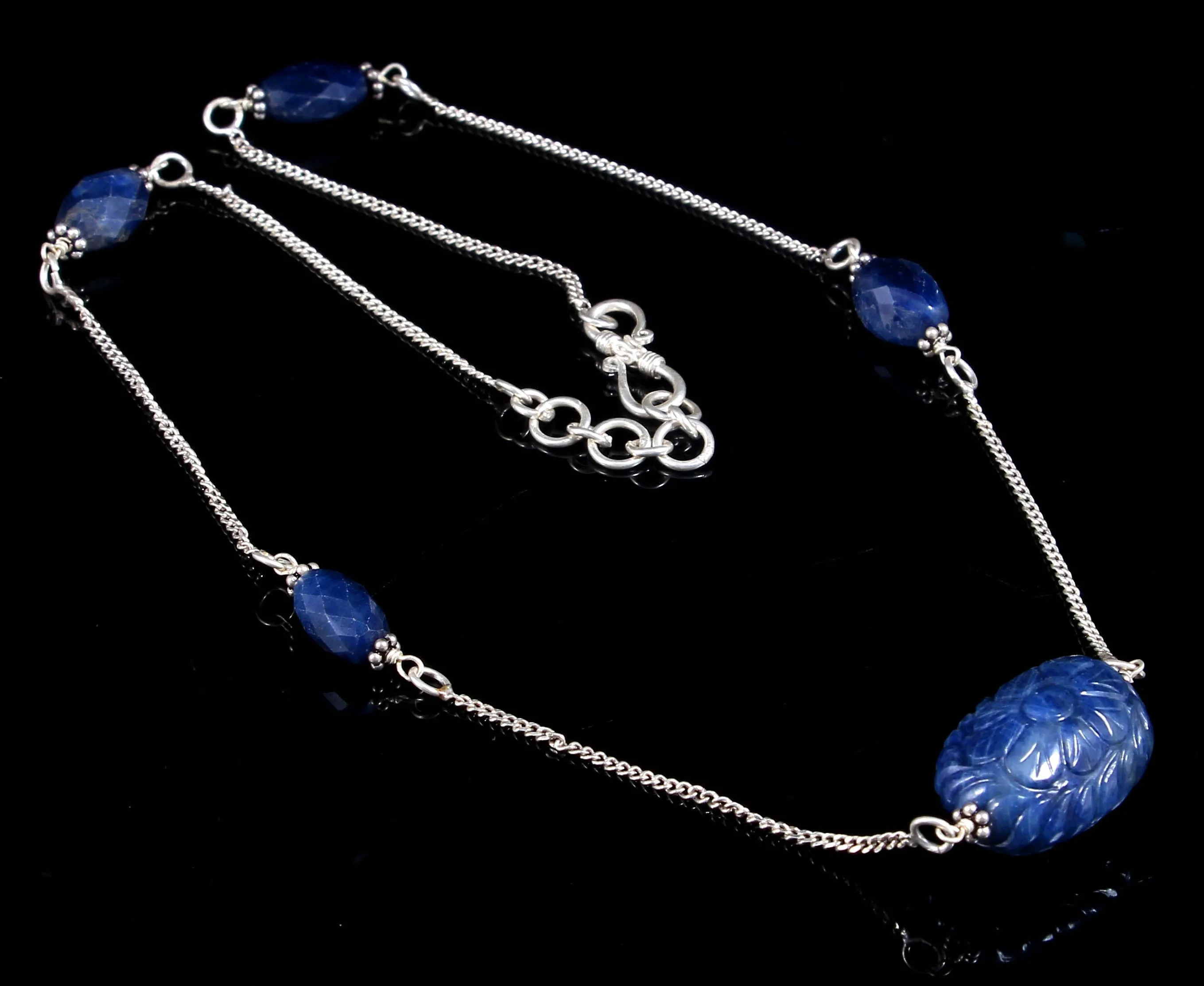 BLUE SAPPHIRE Gemstone Beads Chain Necklace : 925 Sterling Silver Natural Blue Sapphire Hand Carved Pendant 18" Necklace