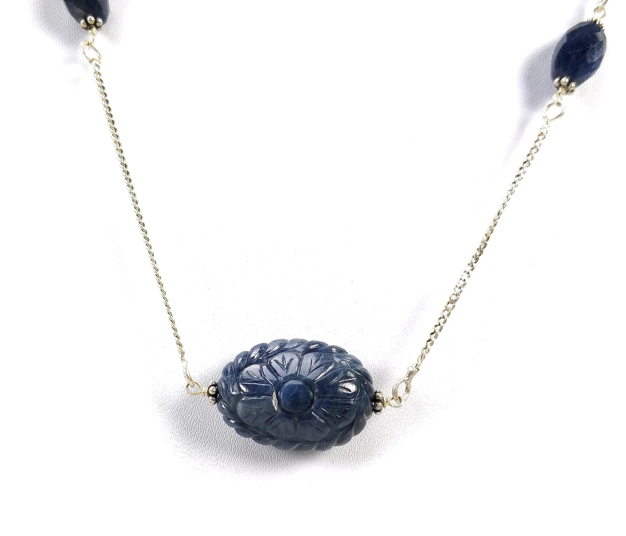 BLUE SAPPHIRE Gemstone Beads Chain Necklace : 925 Sterling Silver Natural Blue Sapphire Hand Carved Pendant 18" Necklace