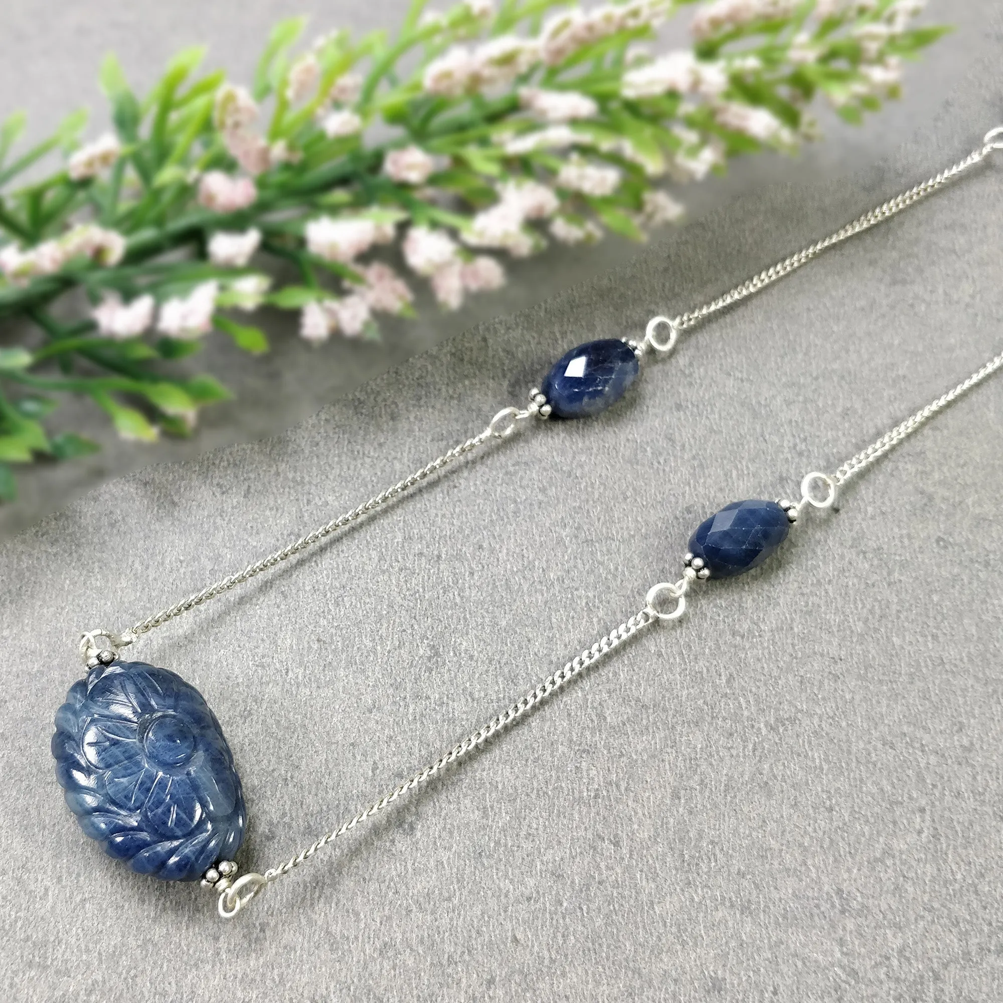 BLUE SAPPHIRE Gemstone Beads Chain Necklace : 925 Sterling Silver Natural Blue Sapphire Hand Carved Pendant 18" Necklace