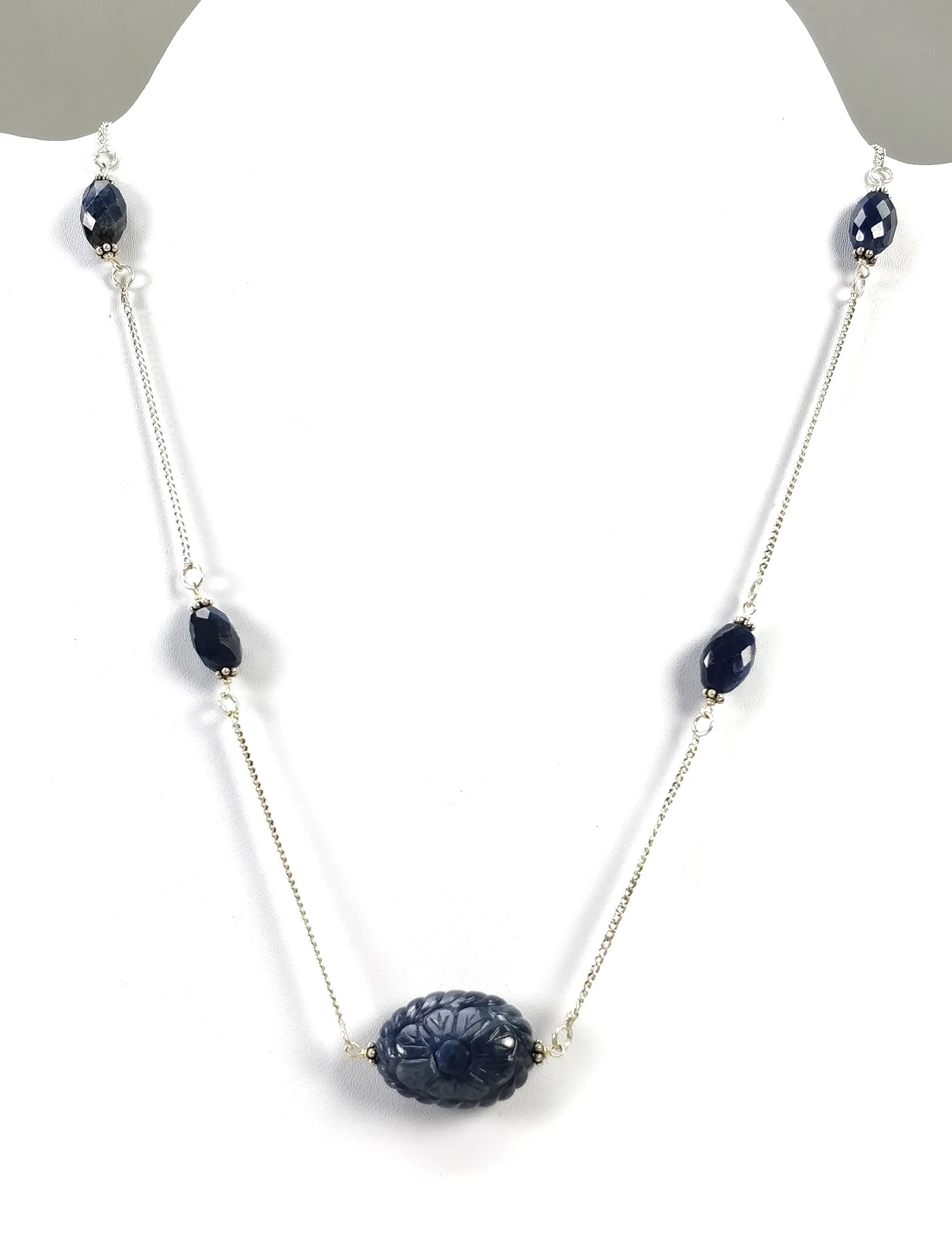 BLUE SAPPHIRE Gemstone Beads Chain Necklace : 925 Sterling Silver Natural Blue Sapphire Hand Carved Pendant 18" Necklace