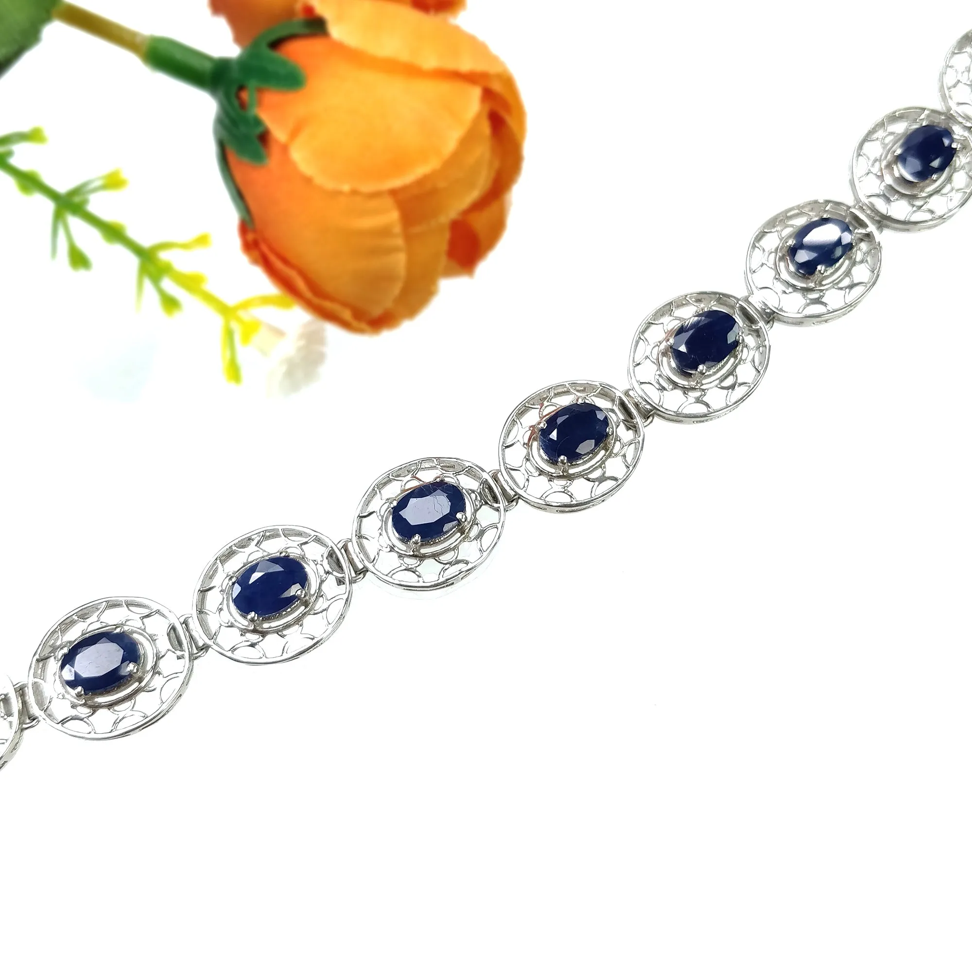 BLUE SAPPHIRE Gemstone BRACELET : 17.730gms 925 Sterling Silver Natural Sapphire Oval Normal Cut Prong Set Tennis Bracelet 7.50"