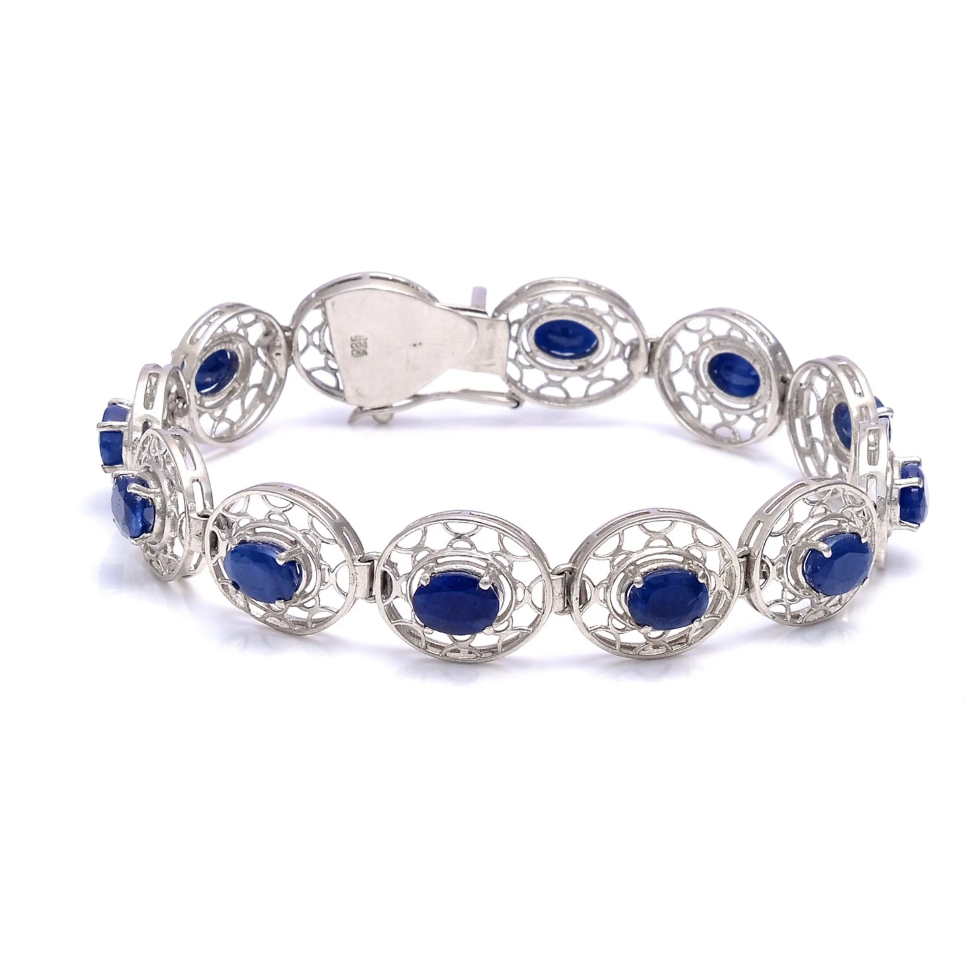 BLUE SAPPHIRE Gemstone BRACELET : 17.730gms 925 Sterling Silver Natural Sapphire Oval Normal Cut Prong Set Tennis Bracelet 7.50"