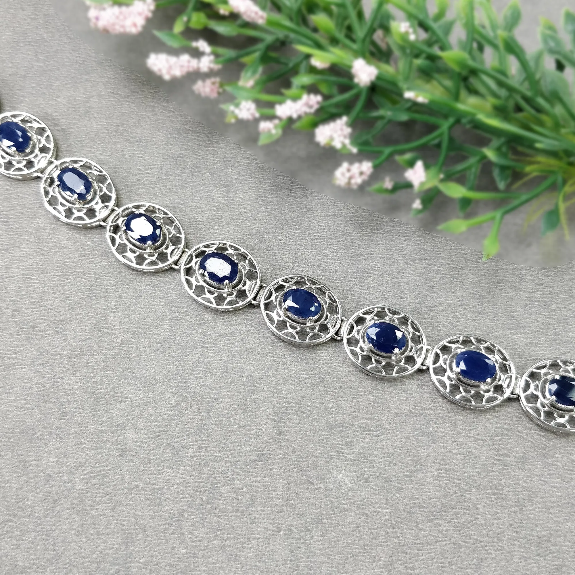 BLUE SAPPHIRE Gemstone BRACELET : 17.730gms 925 Sterling Silver Natural Sapphire Oval Normal Cut Prong Set Tennis Bracelet 7.50"