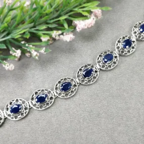 BLUE SAPPHIRE Gemstone BRACELET : 17.730gms 925 Sterling Silver Natural Sapphire Oval Normal Cut Prong Set Tennis Bracelet 7.50"