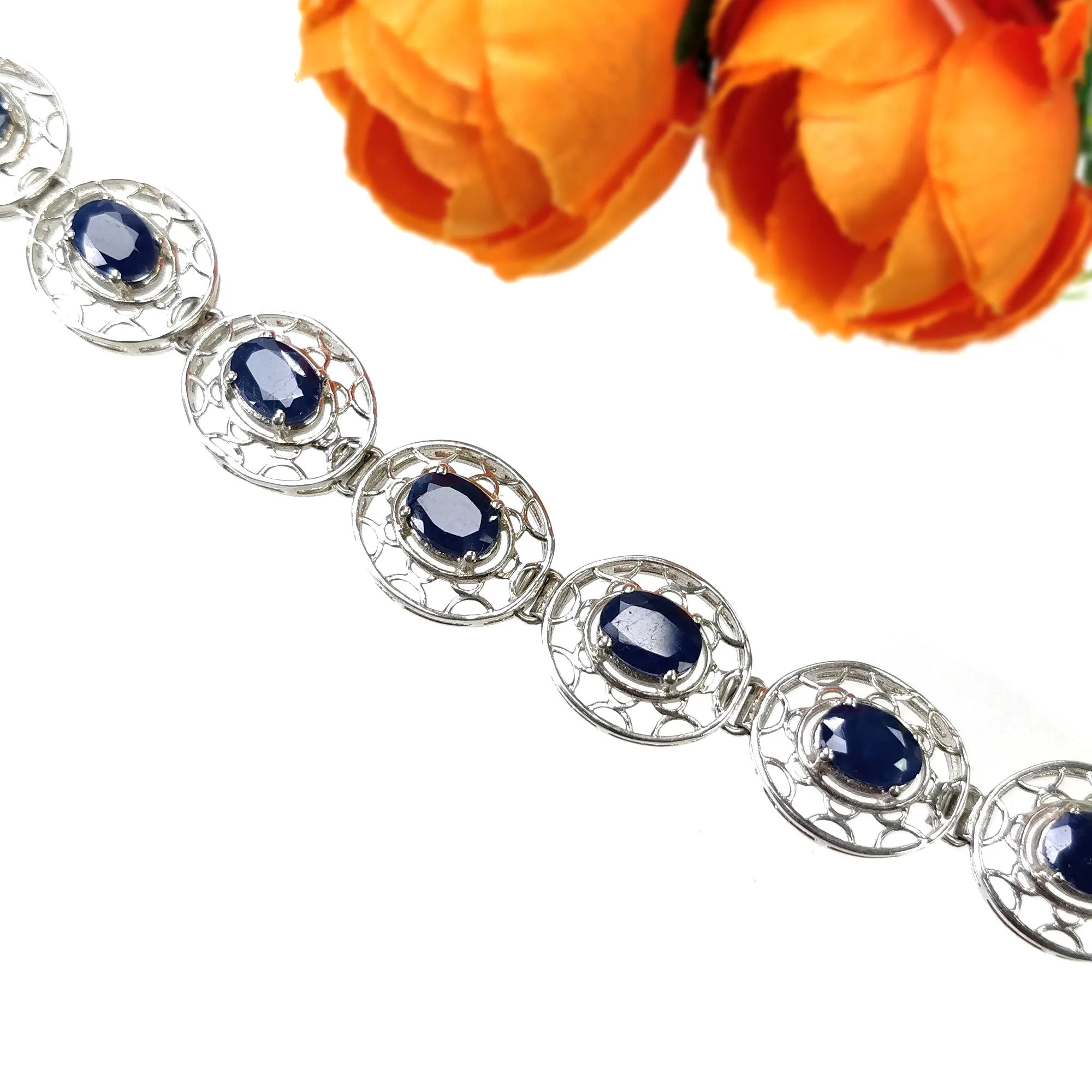 BLUE SAPPHIRE Gemstone BRACELET : 17.730gms 925 Sterling Silver Natural Sapphire Oval Normal Cut Prong Set Tennis Bracelet 7.50"