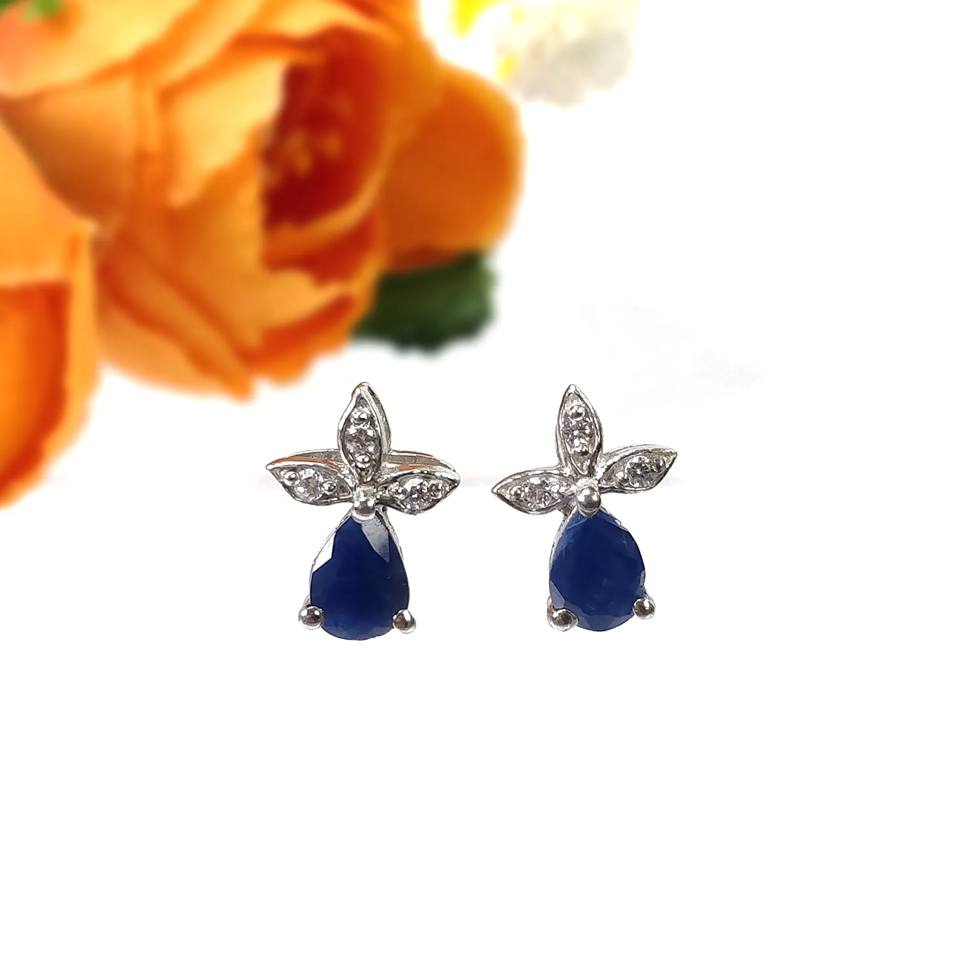 BLUE SAPPHIRE Gemstone CZ 925 Sterling Silver Earrings : 1.90gms Natural Designer Push Back Minimalist Earrings Gift For Her 0.66"