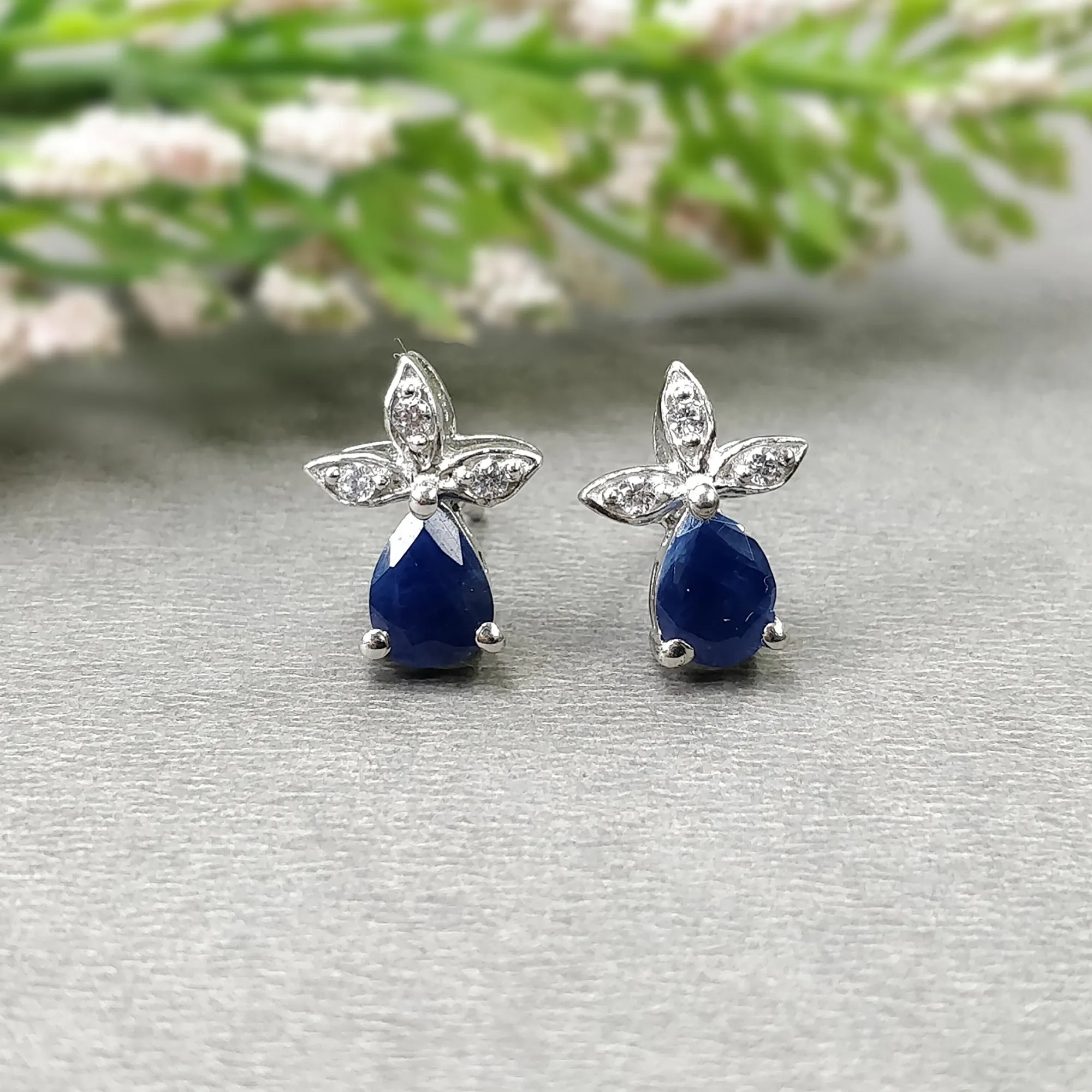 BLUE SAPPHIRE Gemstone CZ 925 Sterling Silver Earrings : 1.90gms Natural Designer Push Back Minimalist Earrings Gift For Her 0.66"