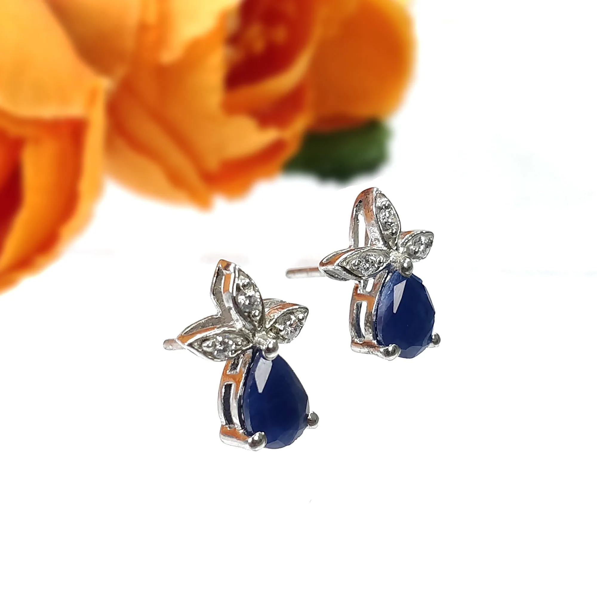 BLUE SAPPHIRE Gemstone CZ 925 Sterling Silver Earrings : 1.90gms Natural Designer Push Back Minimalist Earrings Gift For Her 0.66"