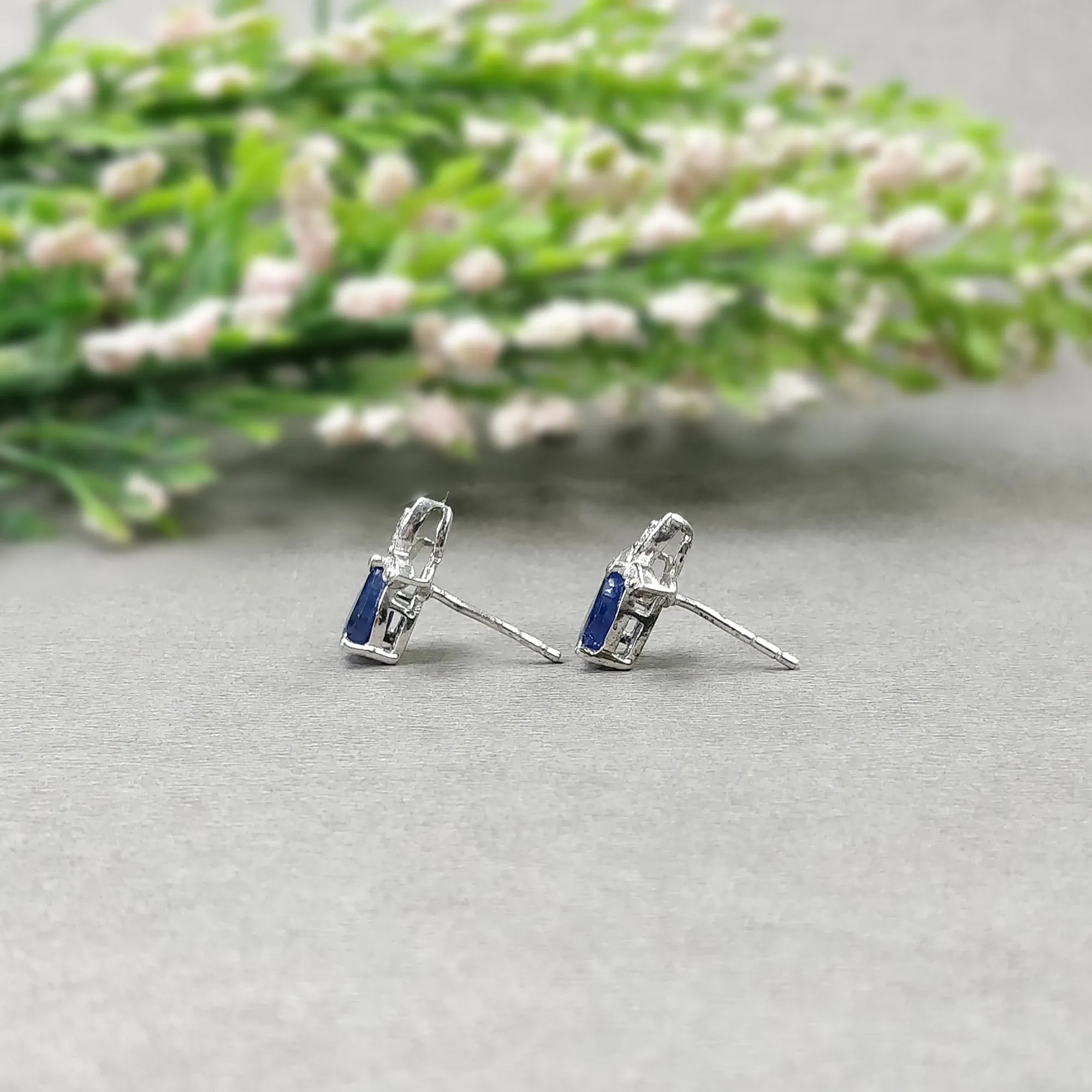 BLUE SAPPHIRE Gemstone CZ 925 Sterling Silver Earrings : 1.90gms Natural Designer Push Back Minimalist Earrings Gift For Her 0.66"